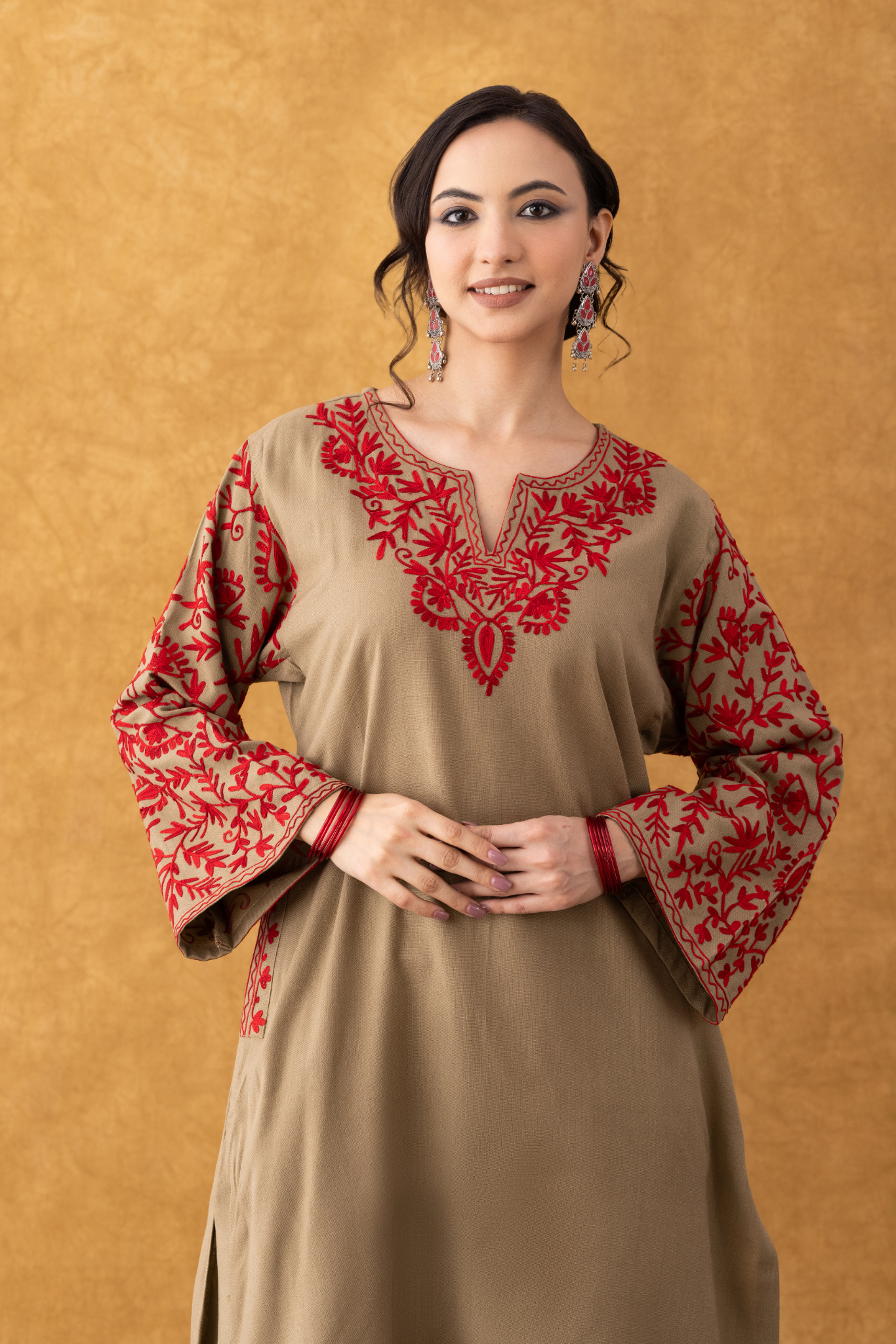 Beige With Red Embroidered Phiran Set | Kashmiri Winter Suit for Women Discover Ethnic Elegance - Raas By Handikart Beige With Red Embroidered Phiran Set | Kashmiri Winter Suit for Women Discover Ethnic Elegance - Raas By Handikart