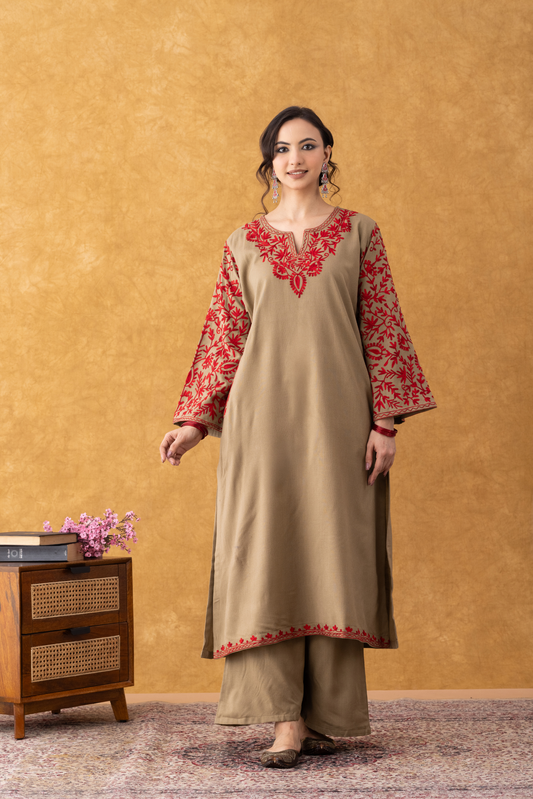 Beige With Red Embroidered Phiran Set, phiran dress of kashmir, beige with red embroidered phiran set price, beige with red embroidered phiran set online, beige with red embroidered phiran set online shopping, kashmiri phiran female, kashmiri phiran female online, phiran kurta set, phiran set for women, winter suits for women, winter suits for men, winter suits designs for ladies, winter suits for women with dupatta, winter suits for kids, winter suits for girls, winter suits design, winter suits for babies