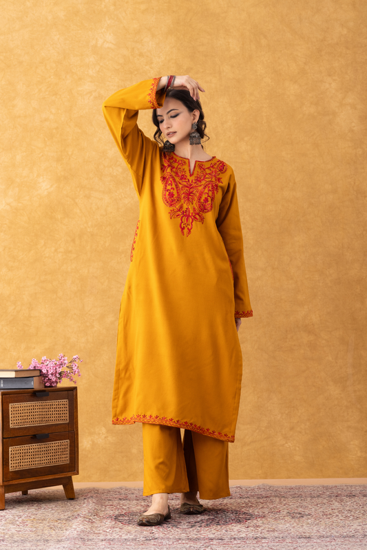 mustard colour pheran, mustard pheran, mustard colour embroidery, mustard yellow embroidered fabric, mustard with red suit set, mustard with red suit set party wear, women mustard with red suit set, mustard with red suit set ladies, mustard with red suit set online, winter suits, winter suits for women, kashmiri winter suits for ladies, kashmiri winter suits for ladies with price, winter suits unstitched, winter woolen suits for ladies with price, unstitched winter suits for ladies