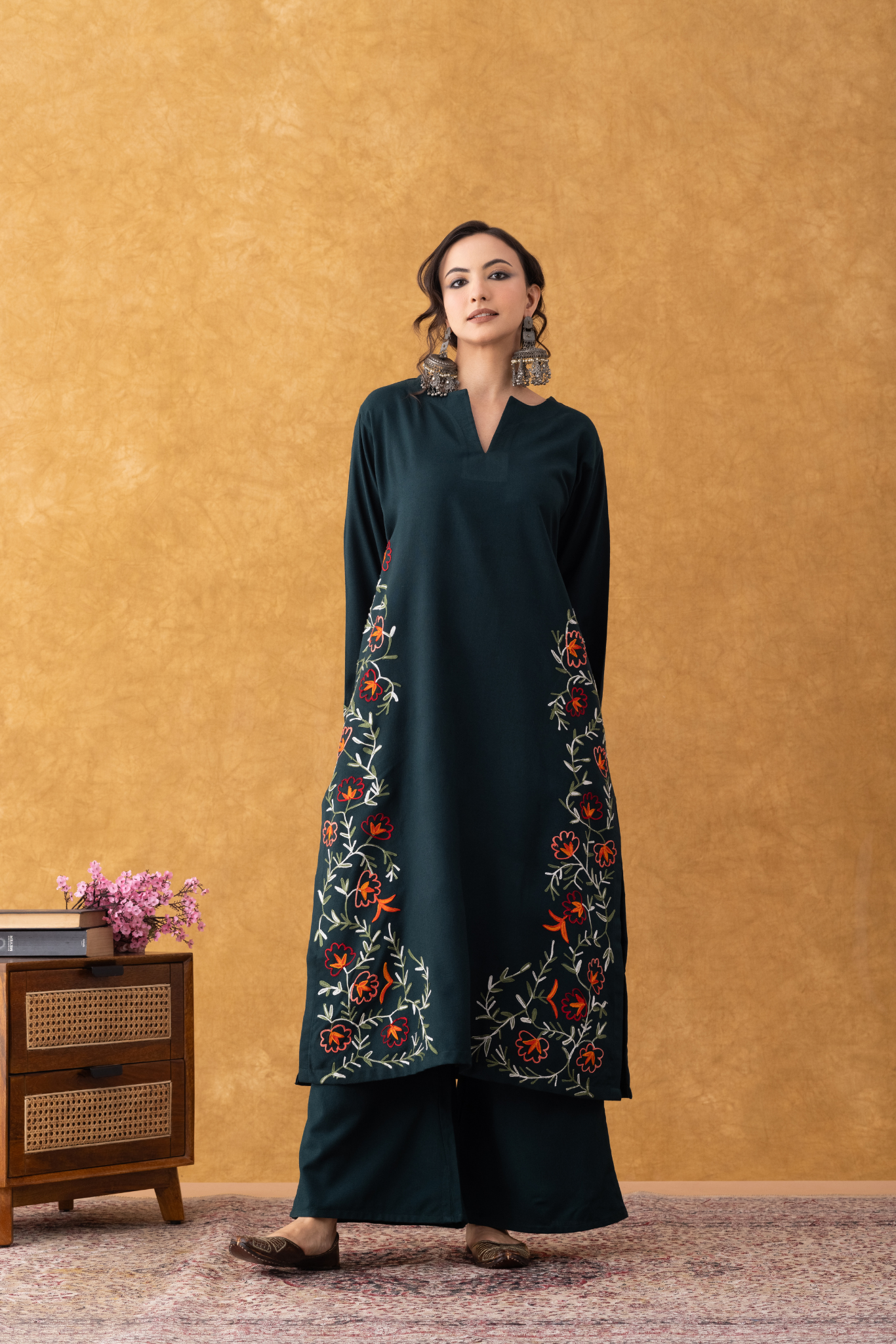 Noor Bottle Green Embroidered Hem Phiran Set