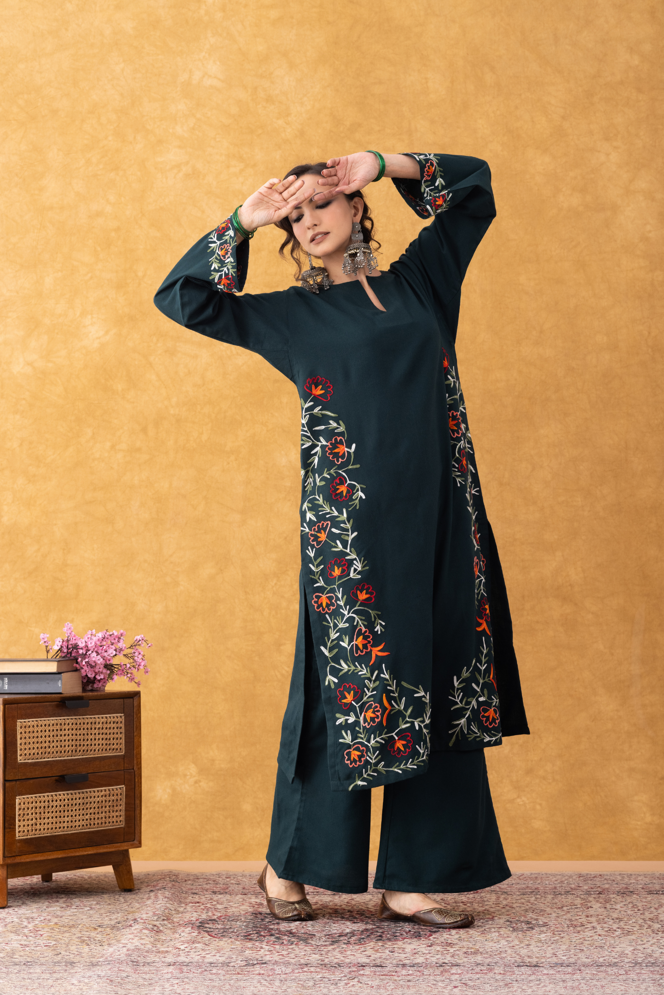 Noor Bottle Green Embroidered Hem Phiran Set