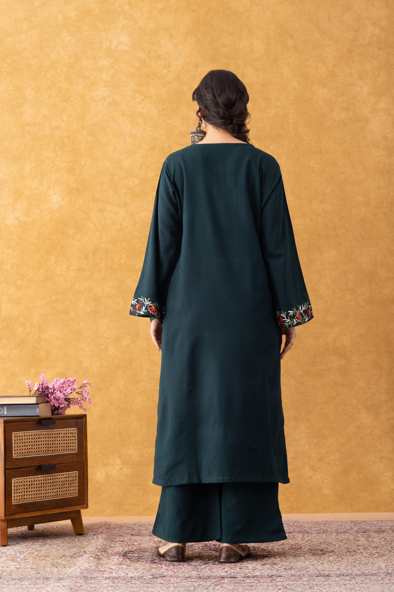 Noor Bottle Green Embroidered Hem Phiran Set