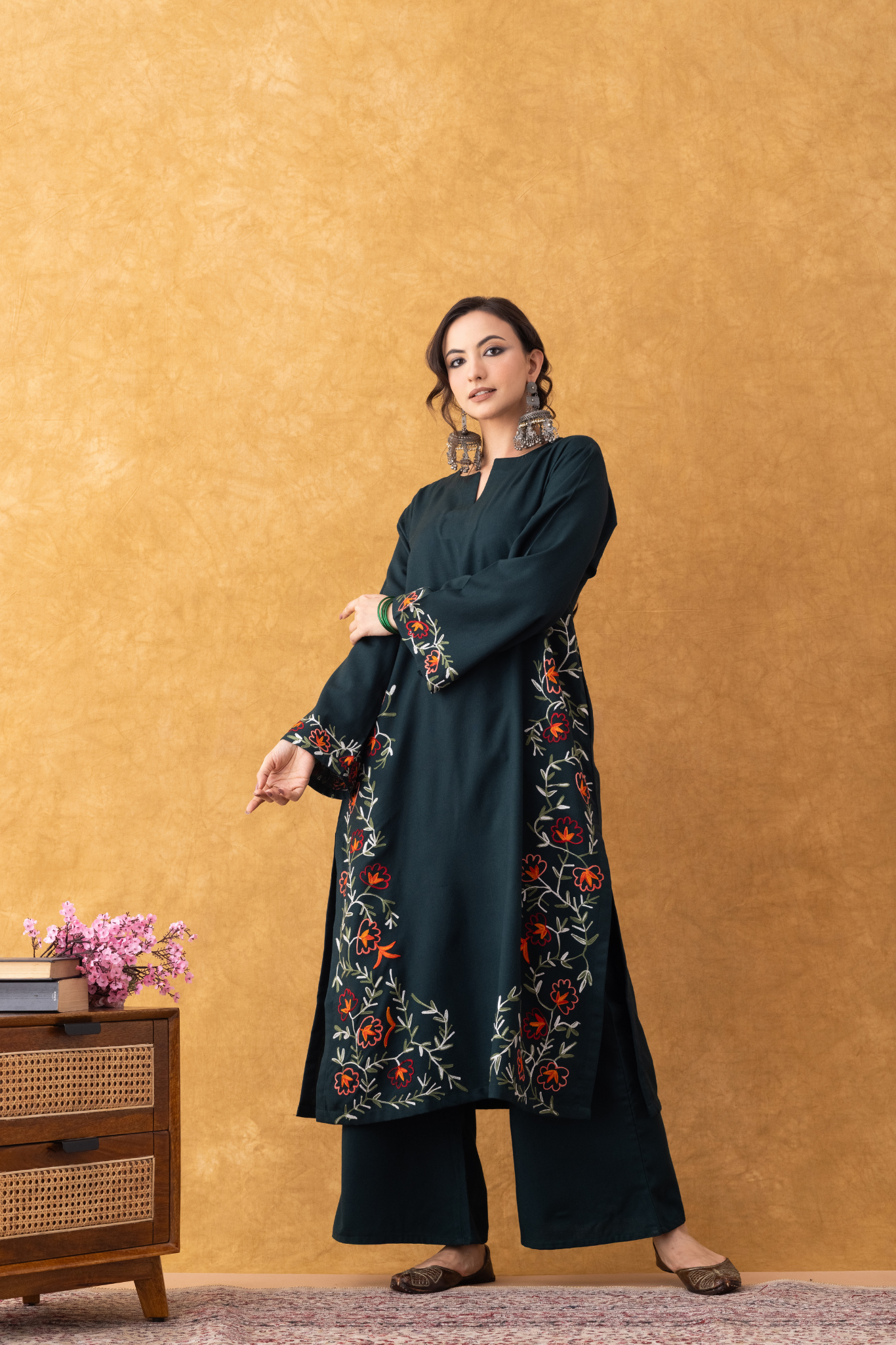 Noor Bottle Green Embroidered Hem Phiran Set