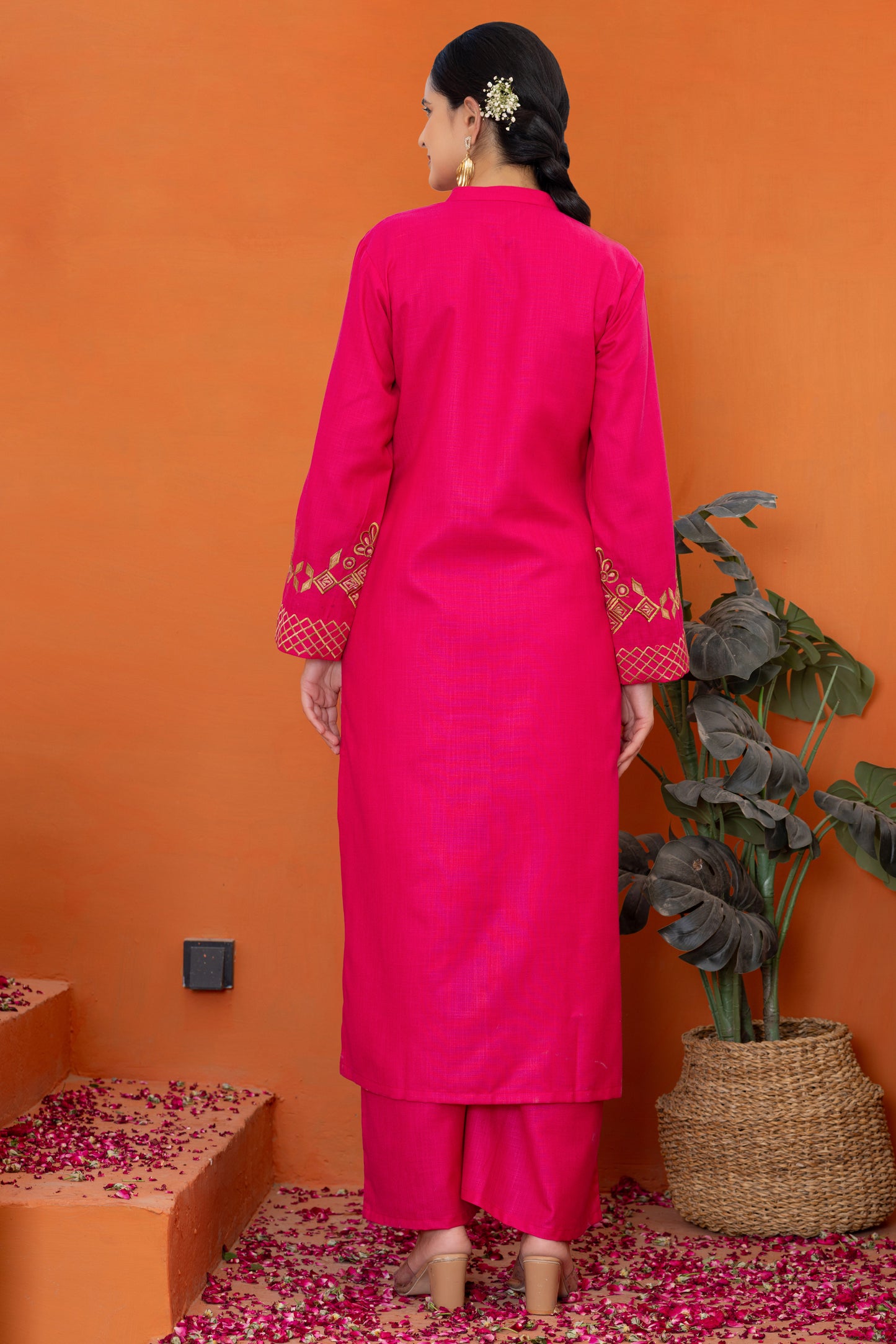 Jugni Deep Rose Embroidered Phiran Set