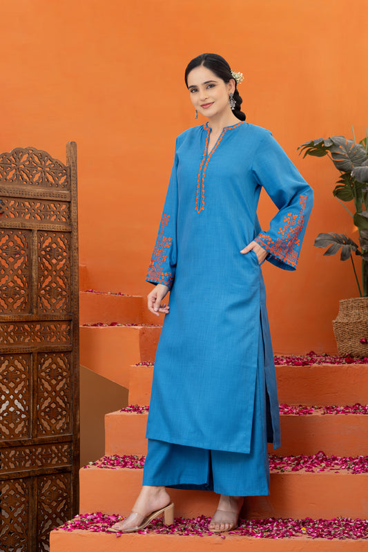 Jugni  Classic Teal Embroidered Phiran Set