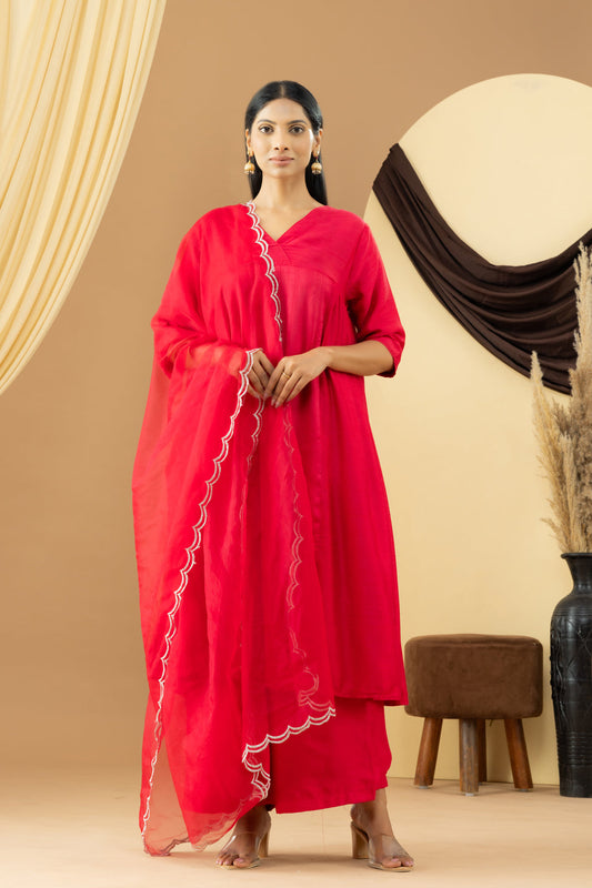 Harsingaar Candy Red Silk Gathered Kurta Set