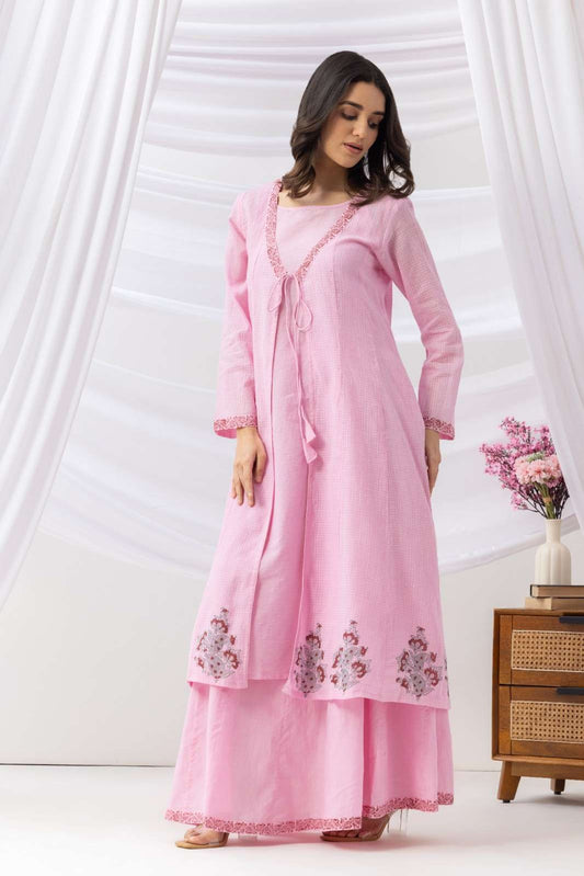 Mridu Soft Pink Kota Kurta With Skirt Set
