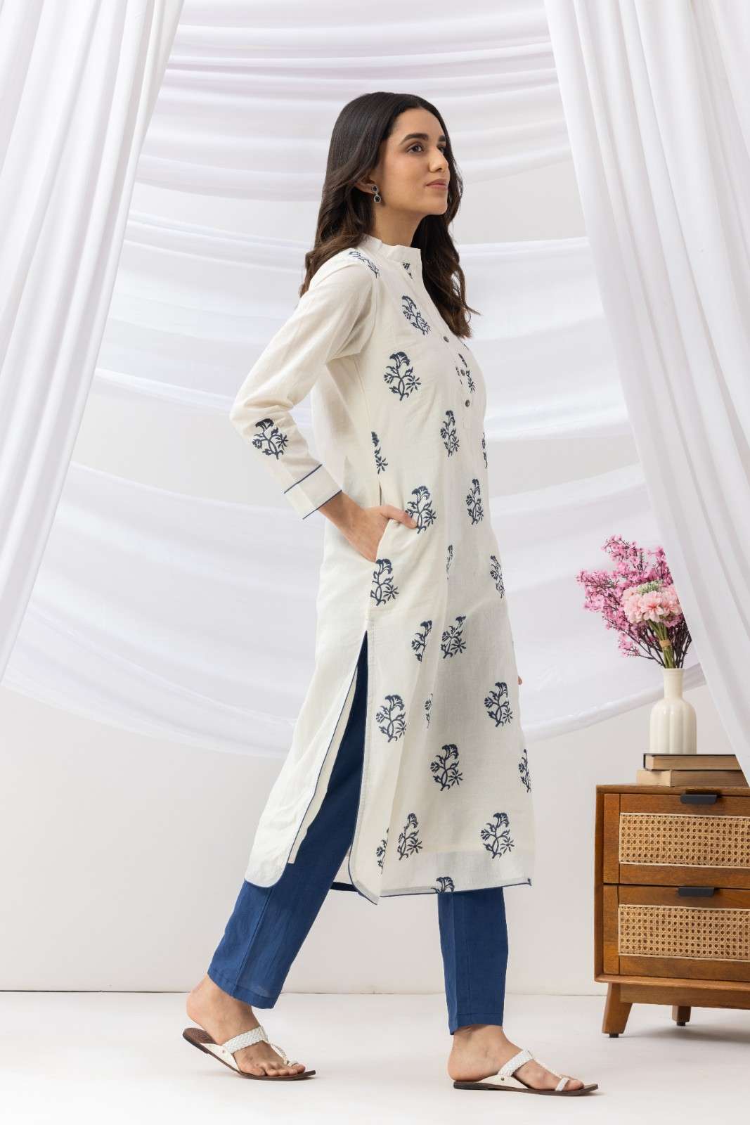 Mridu Off-White and Indigo Block Kurta Set
