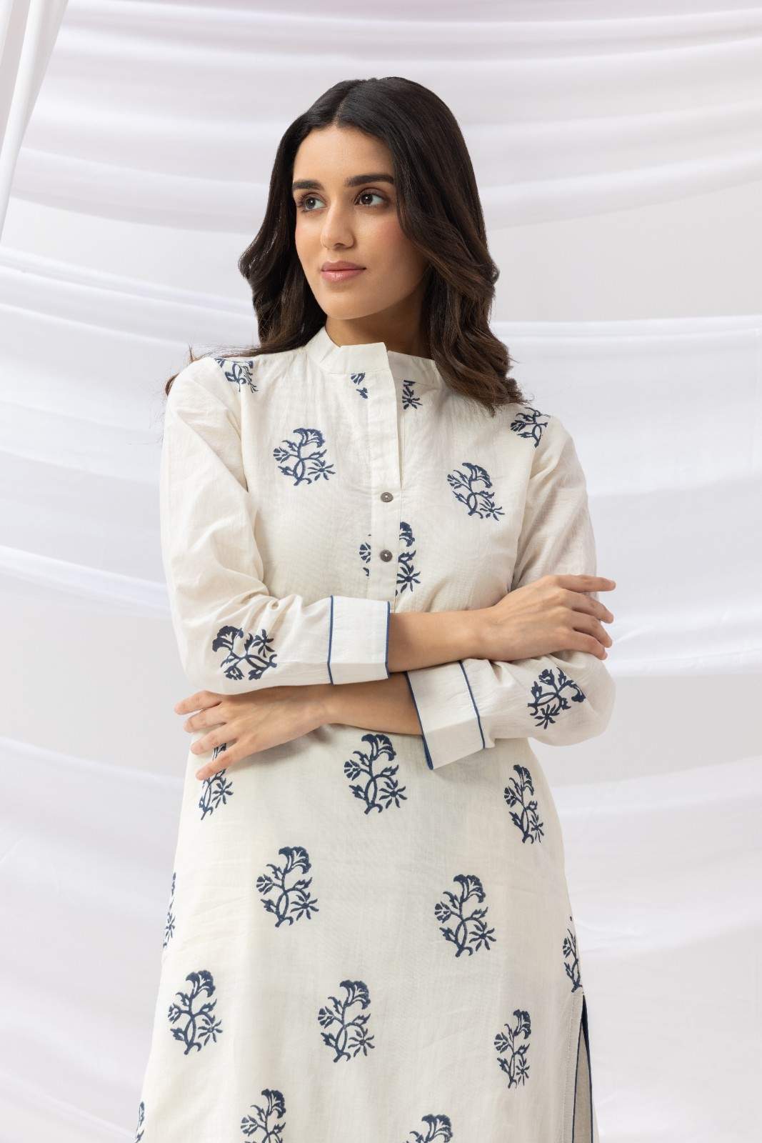 Mridu Off-White and Indigo Block Kurta Set