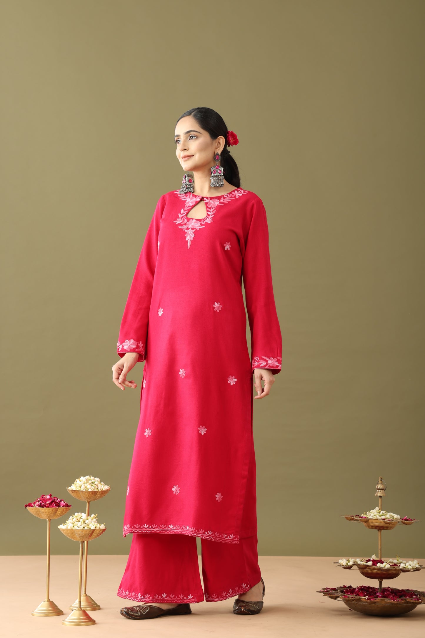 Utsaah raspberry with pink aari embroidery kurta set