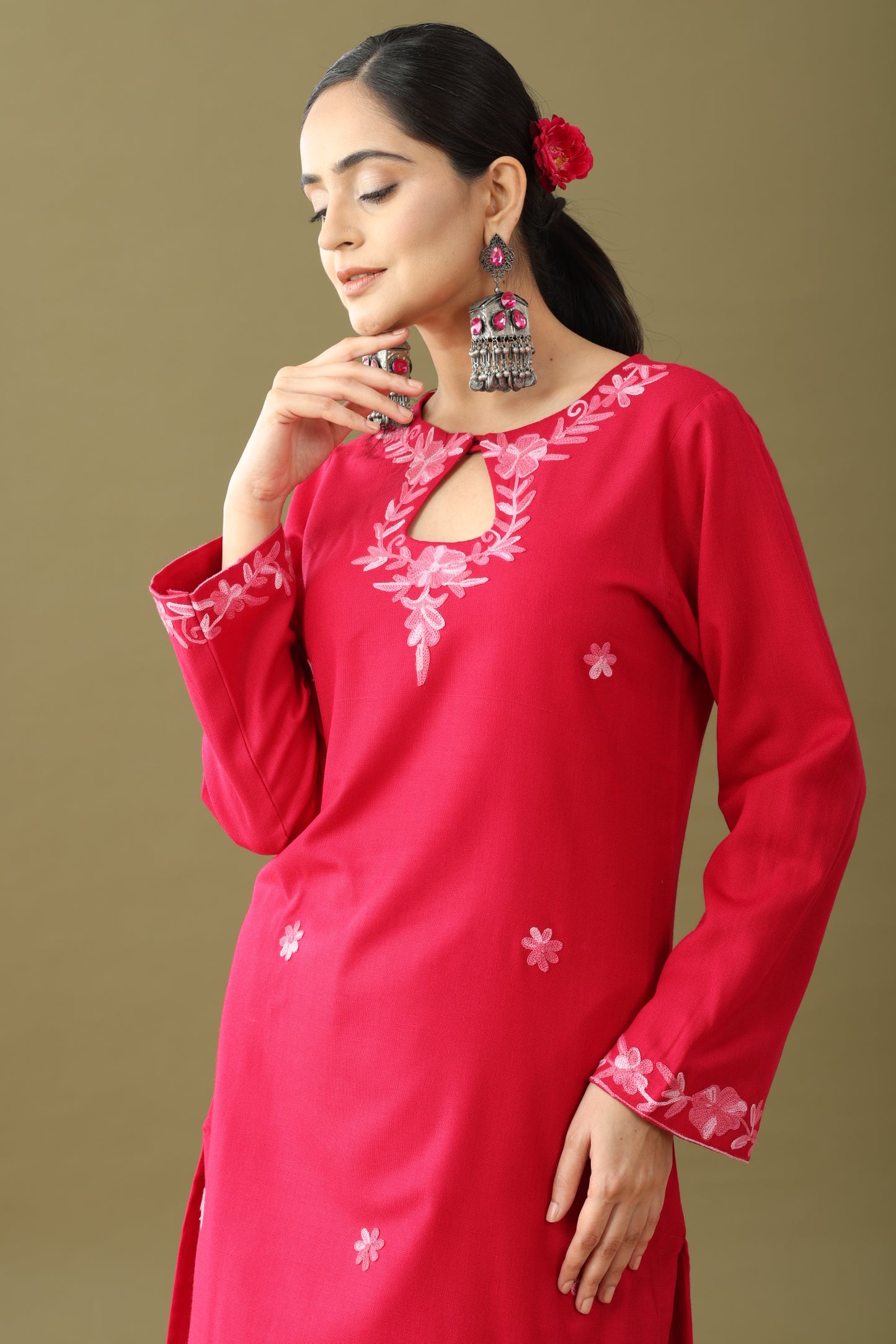 Utsaah raspberry with pink aari embroidery kurta set