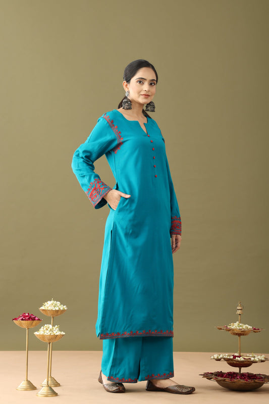 teal with red aari embroidery kurta set, teal embroidery kurta set, teal blue kurta set, teal colour kurta set, teal green kurta set, teal blue kurta for ladies, teal blue kurta set with dupatta, kashmiri embroidery kurta set, kashmiri embroidery kurta set for women, aari work kurta set, kashmiri woolen kurta set, kashmiri kurta woolen, kashmiri kurti for winter, kashmiri embroidery kurti, winter kurta set women, wool blend kurta set, festive winter kurta teal with red aari embroidery kurta set, teal embroi