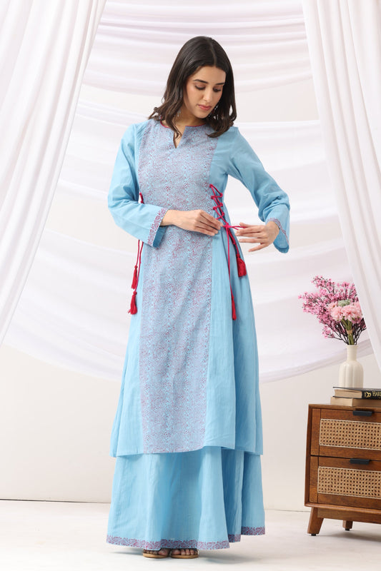 Mridu Blue Side Dori Kurta With Skirt Set