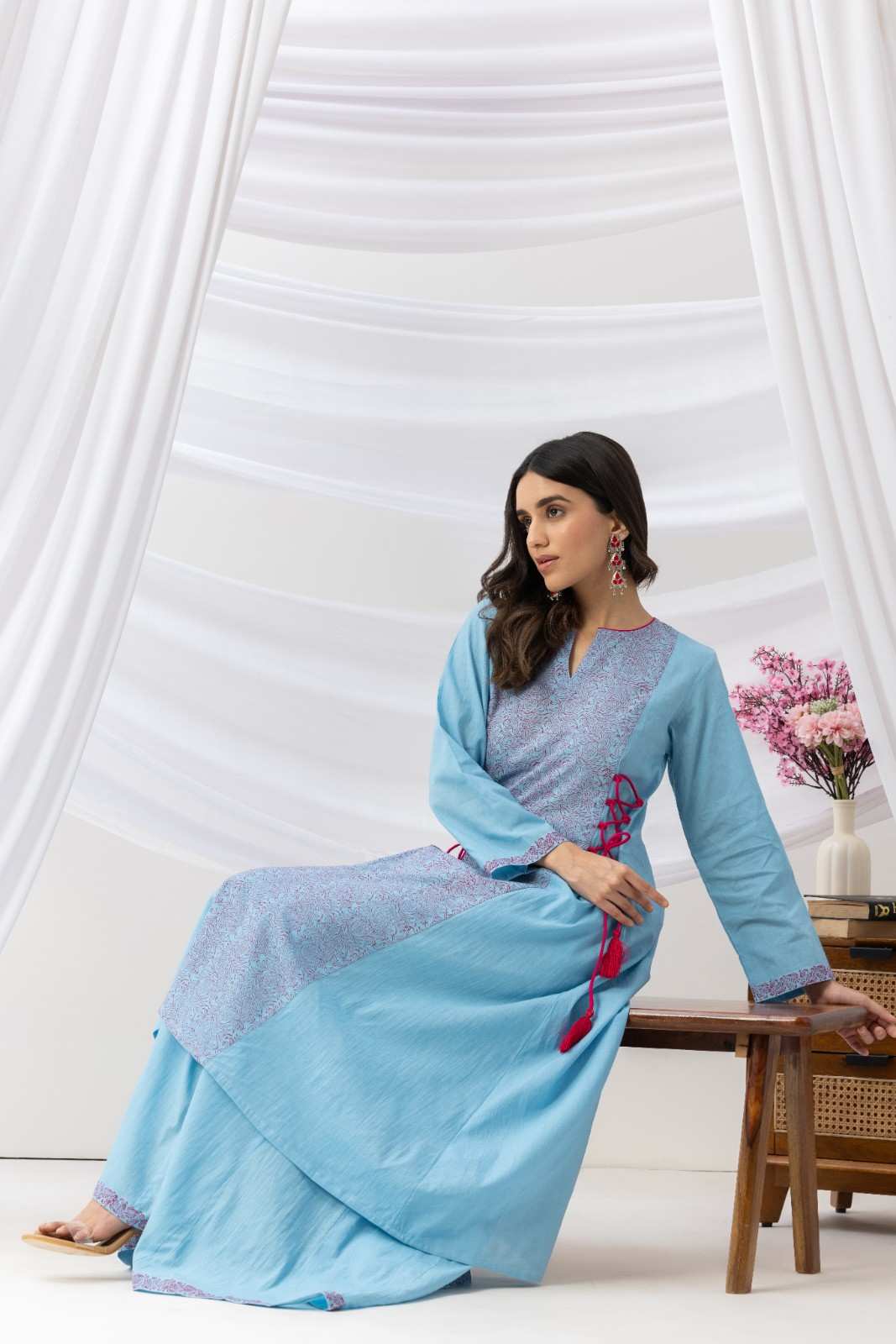 Mridu Blue Side Dori Kurta With Skirt Set