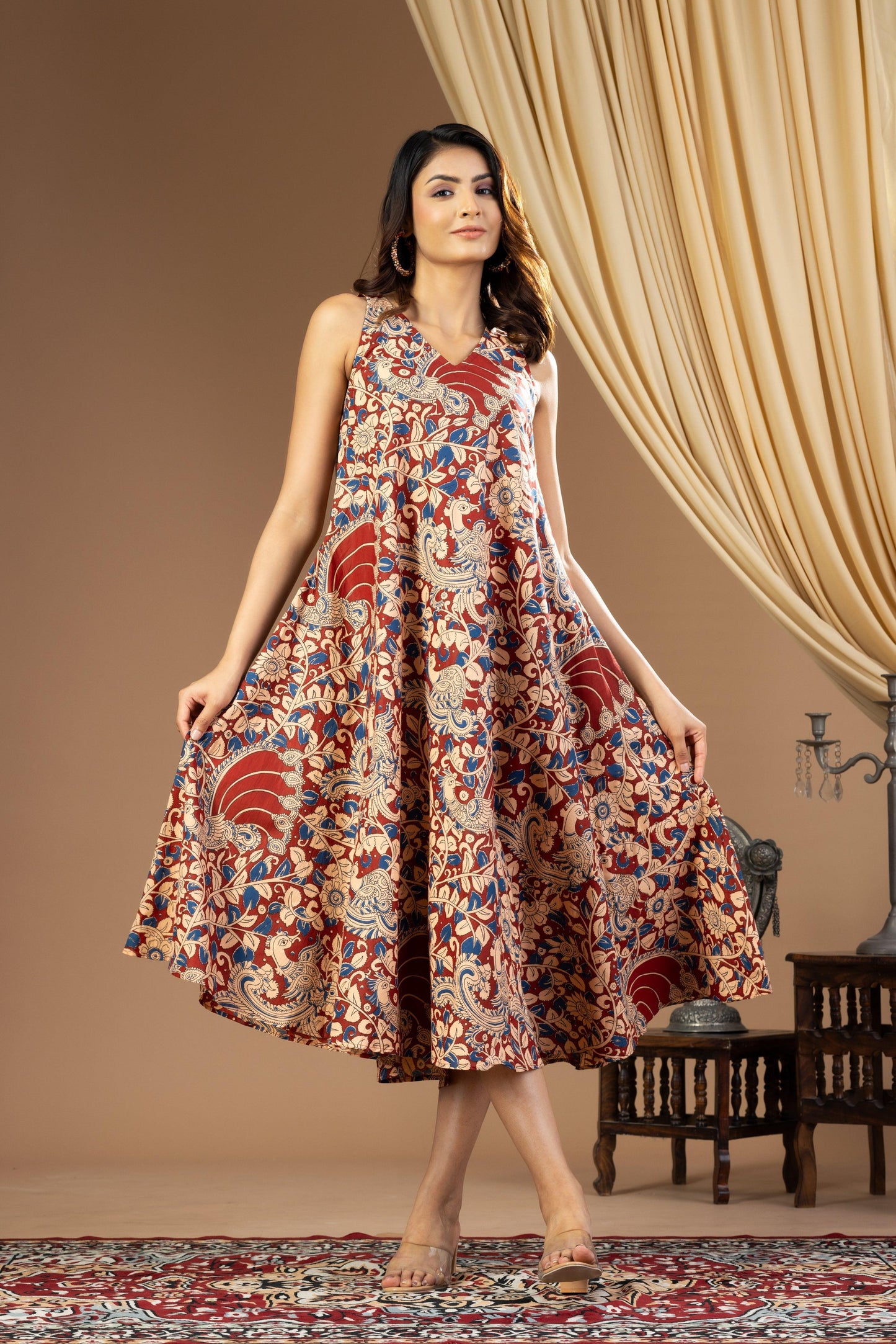 Umang Rust Red Kalamkari Dress Discover Ethnic Elegance - Raas By Handikart Umang Rust Red Kalamkari Dress Discover Ethnic Elegance - Raas By Handikart
