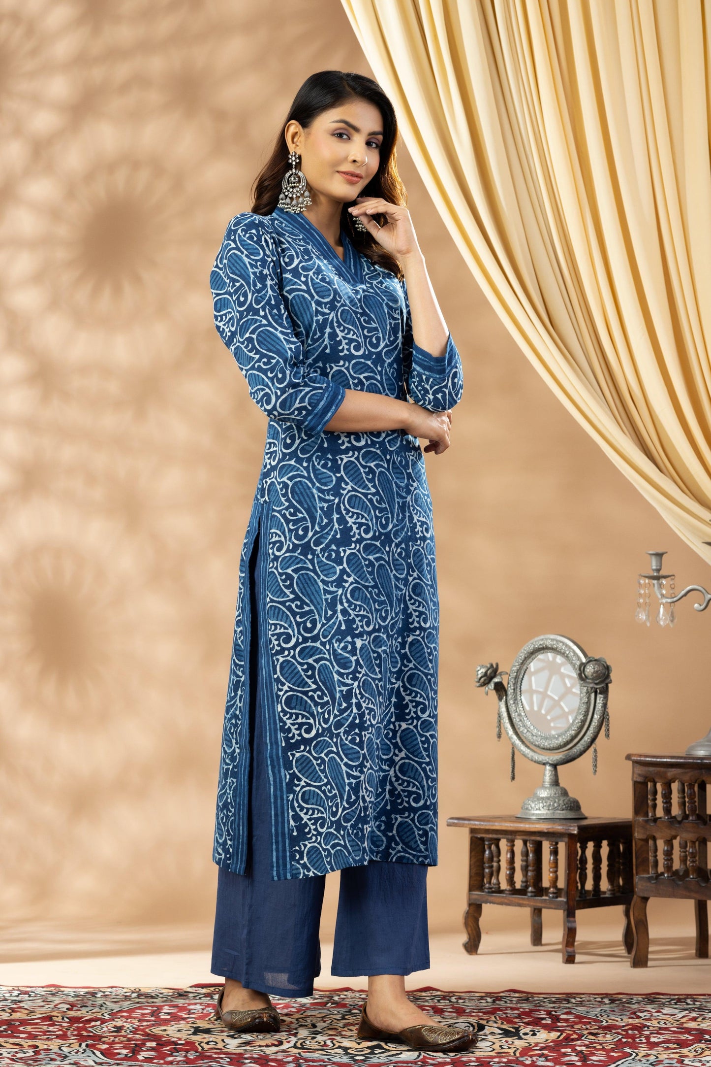 Umang Indigo Bagru V Neck Kurta Set