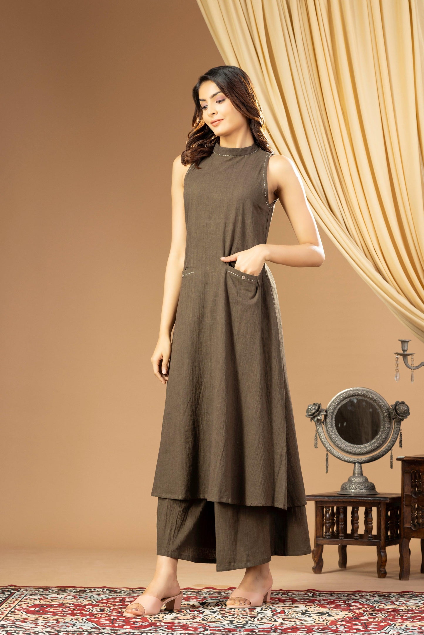 Aseel Dark Olive Green Halter Kurta Set