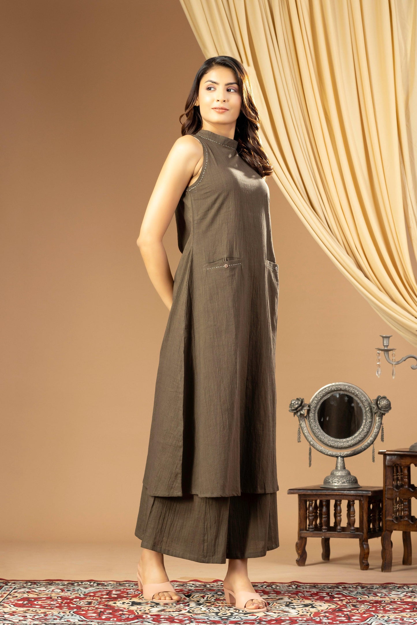 Aseel Dark Olive Green Halter Kurta Set