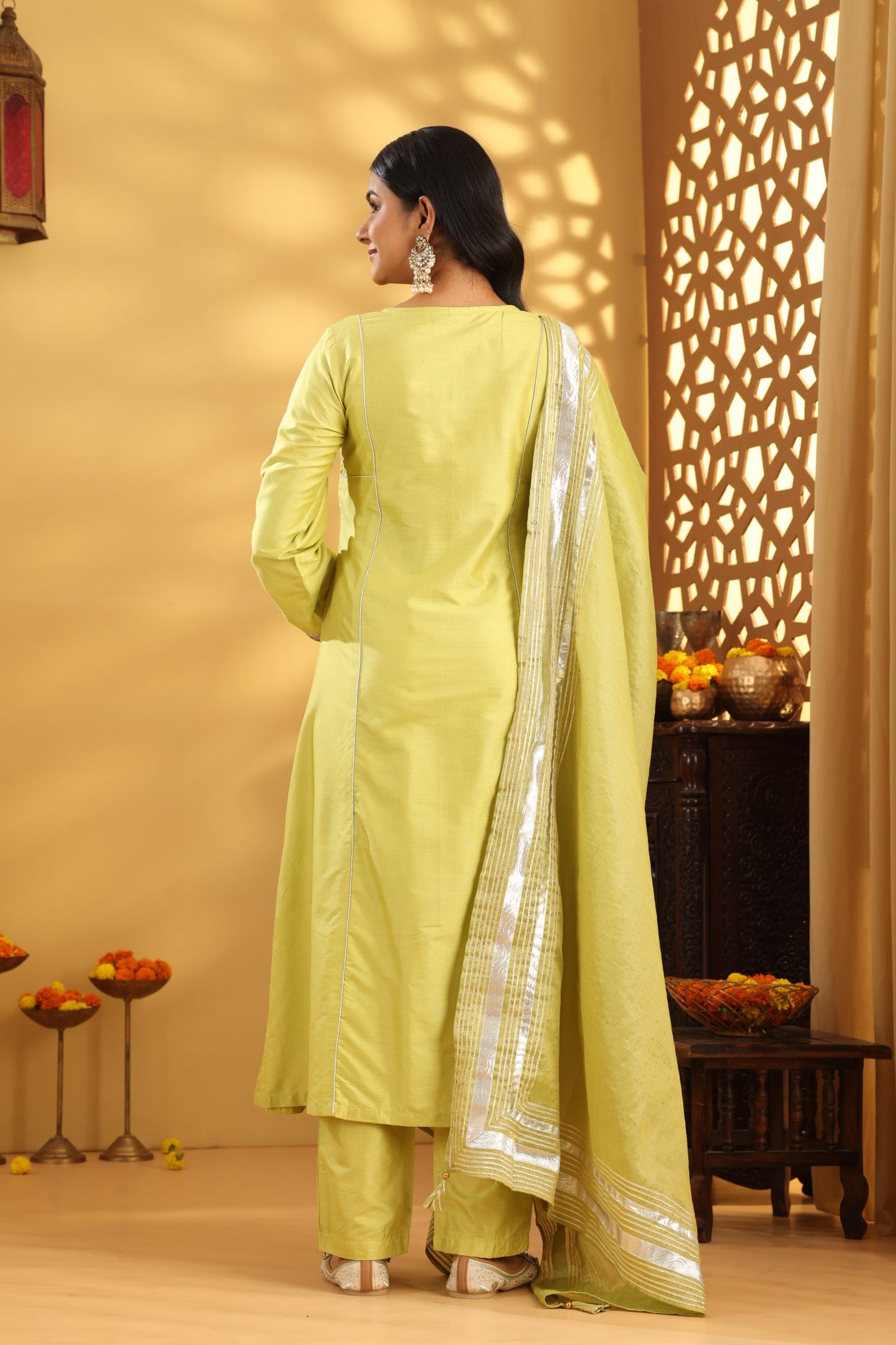 Jashn Lime Green Cotton Silk Embroidered Suit Set