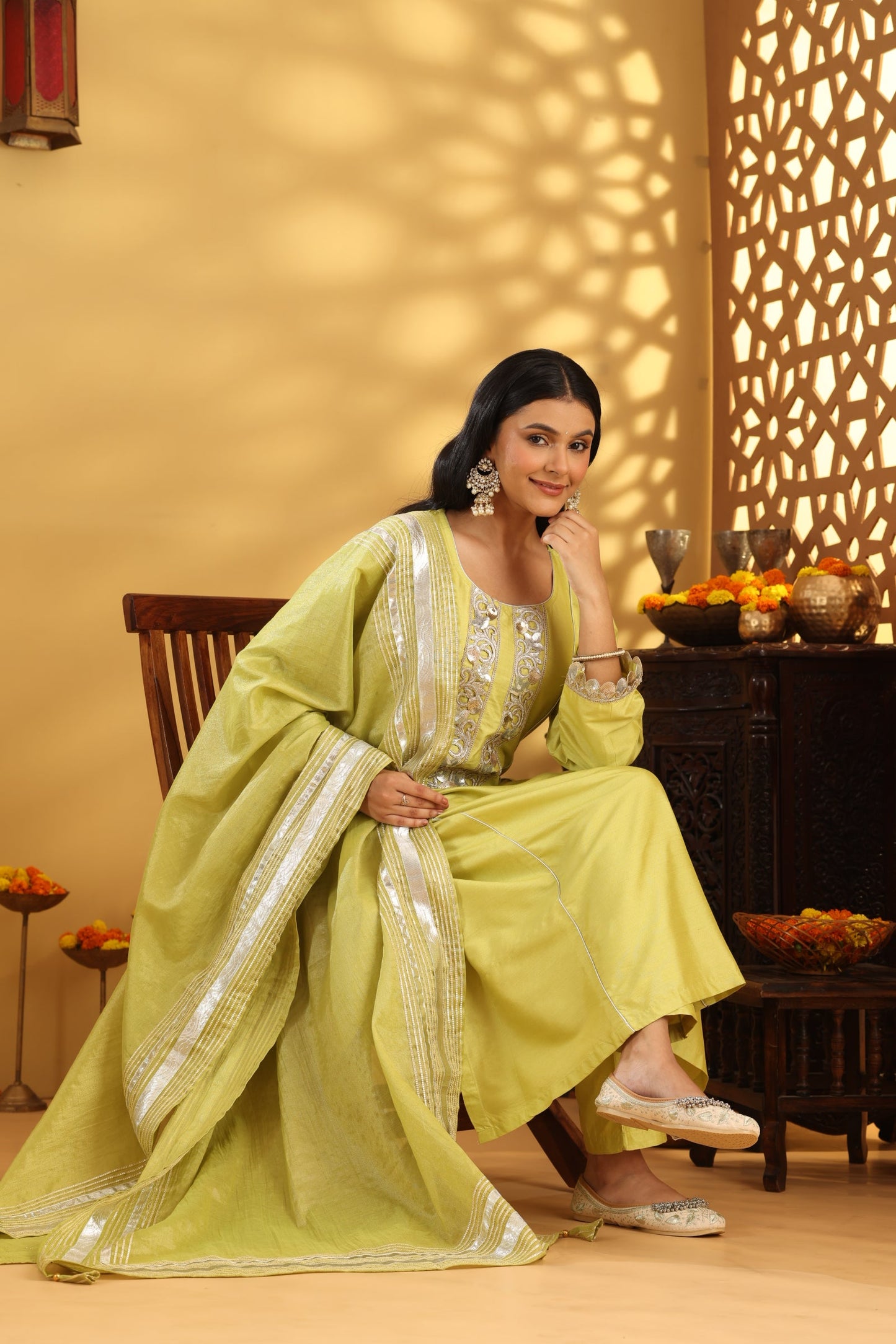 Jashn Lime Green Cotton Silk Embroidered Suit Set