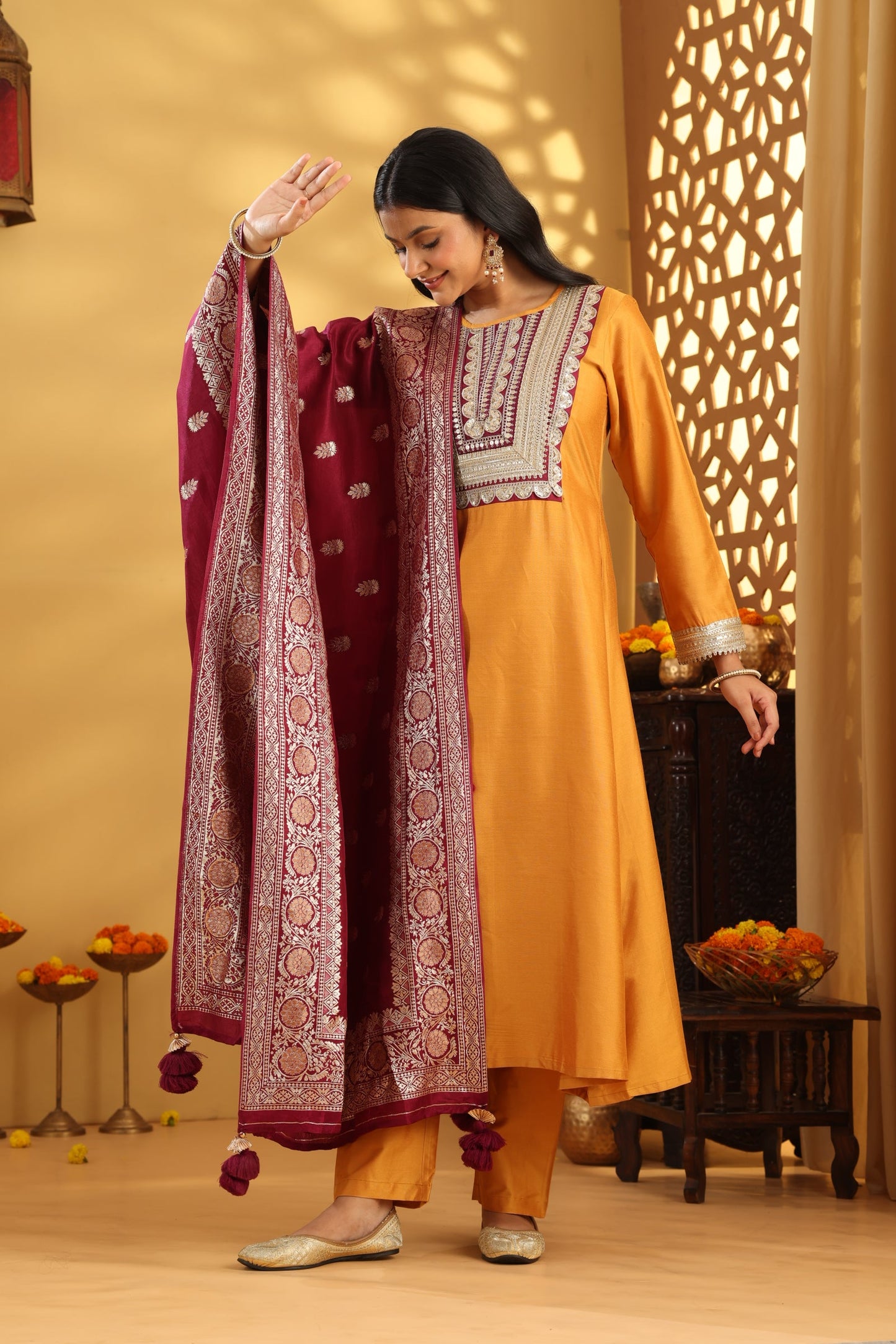 Jashn Golden Yellow Wine neck Patch Suit Set