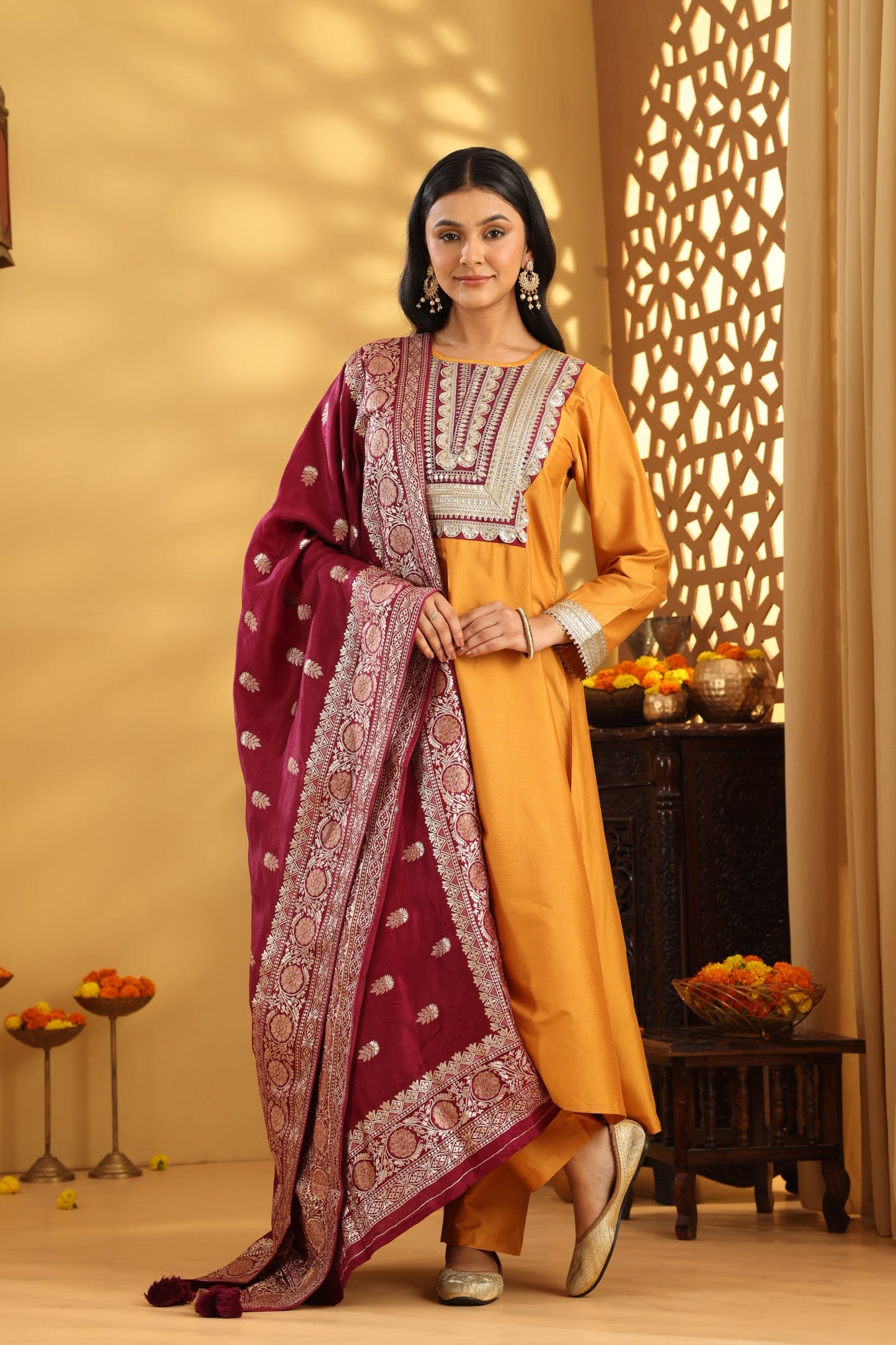 Jashn Golden Yellow Wine neck Patch Suit Set