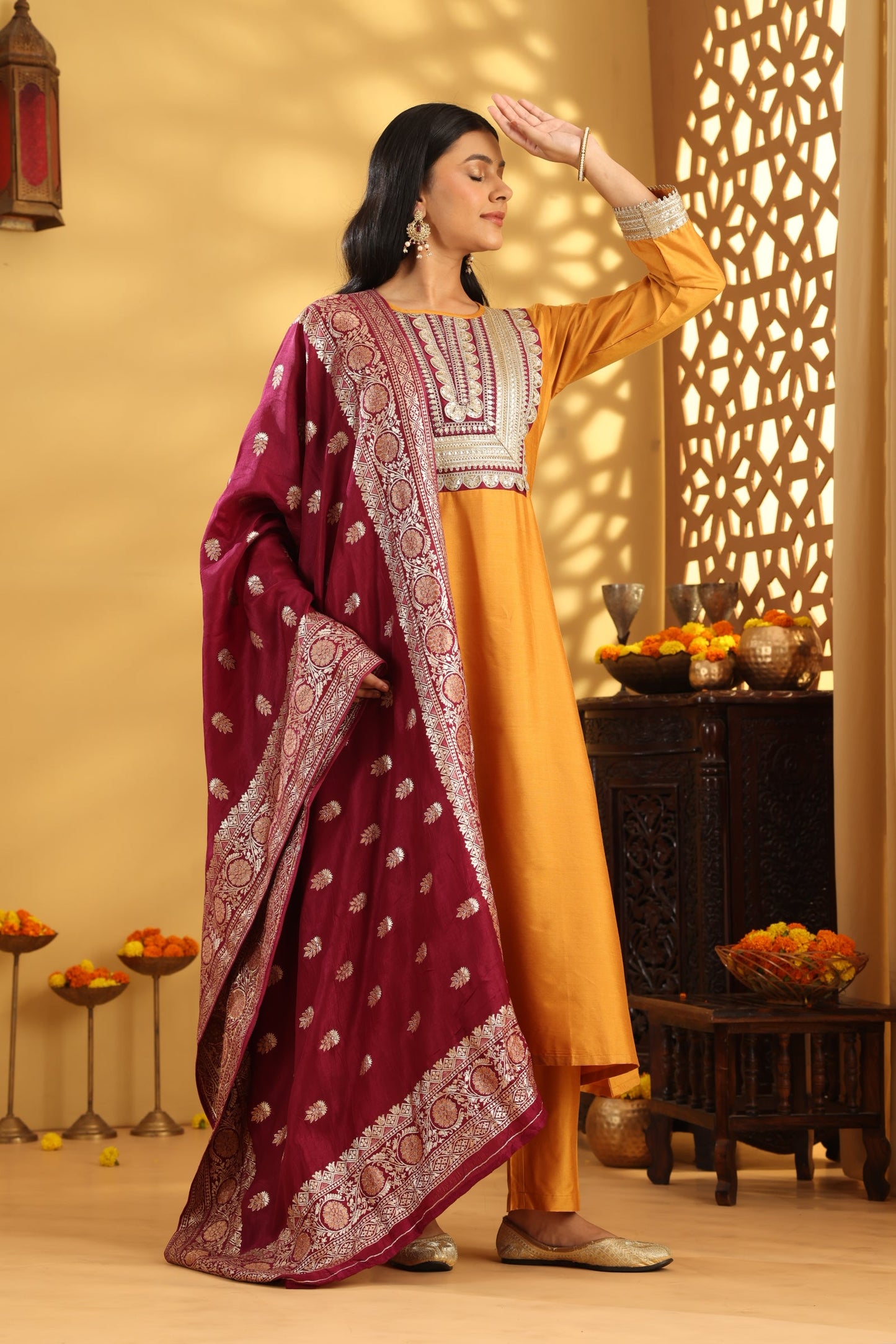 Jashn Golden Yellow Wine neck Patch Suit Set