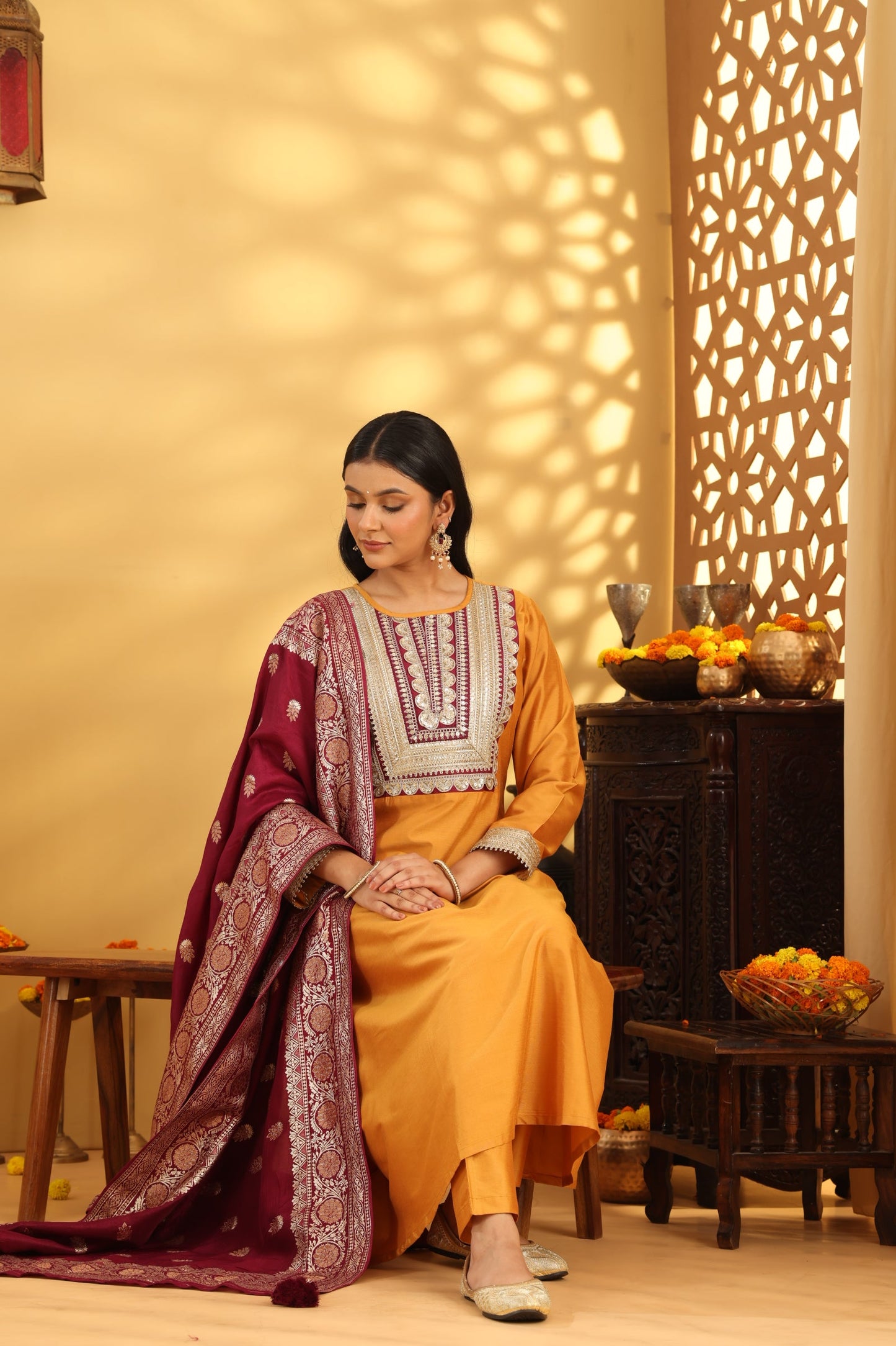 Jashn Golden Yellow Wine neck Patch Suit Set