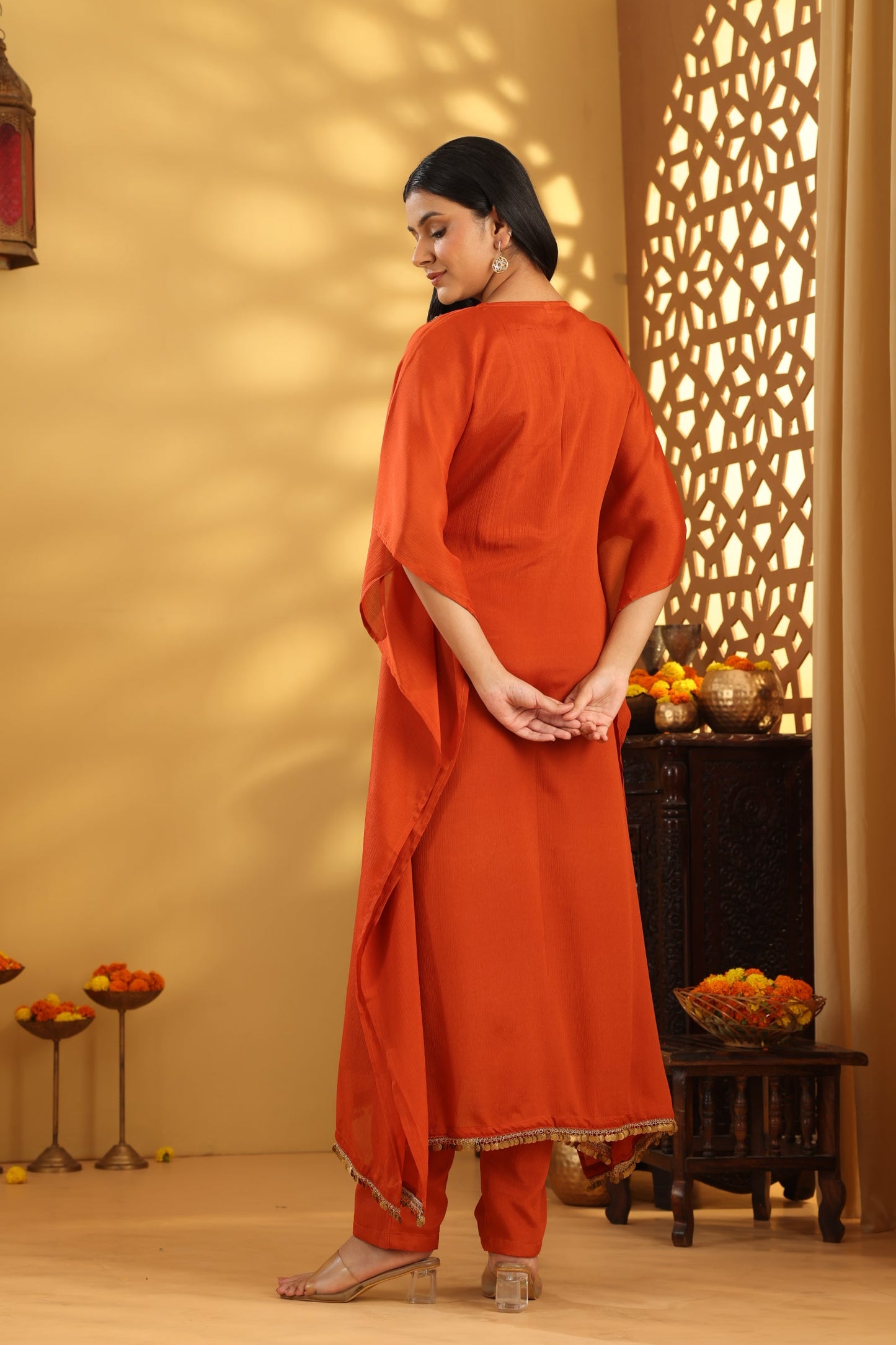 Jashn Kesari Rust V Neck Kaftan Set