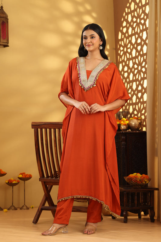 Jashn Kesari Rust V Neck Kaftan Set