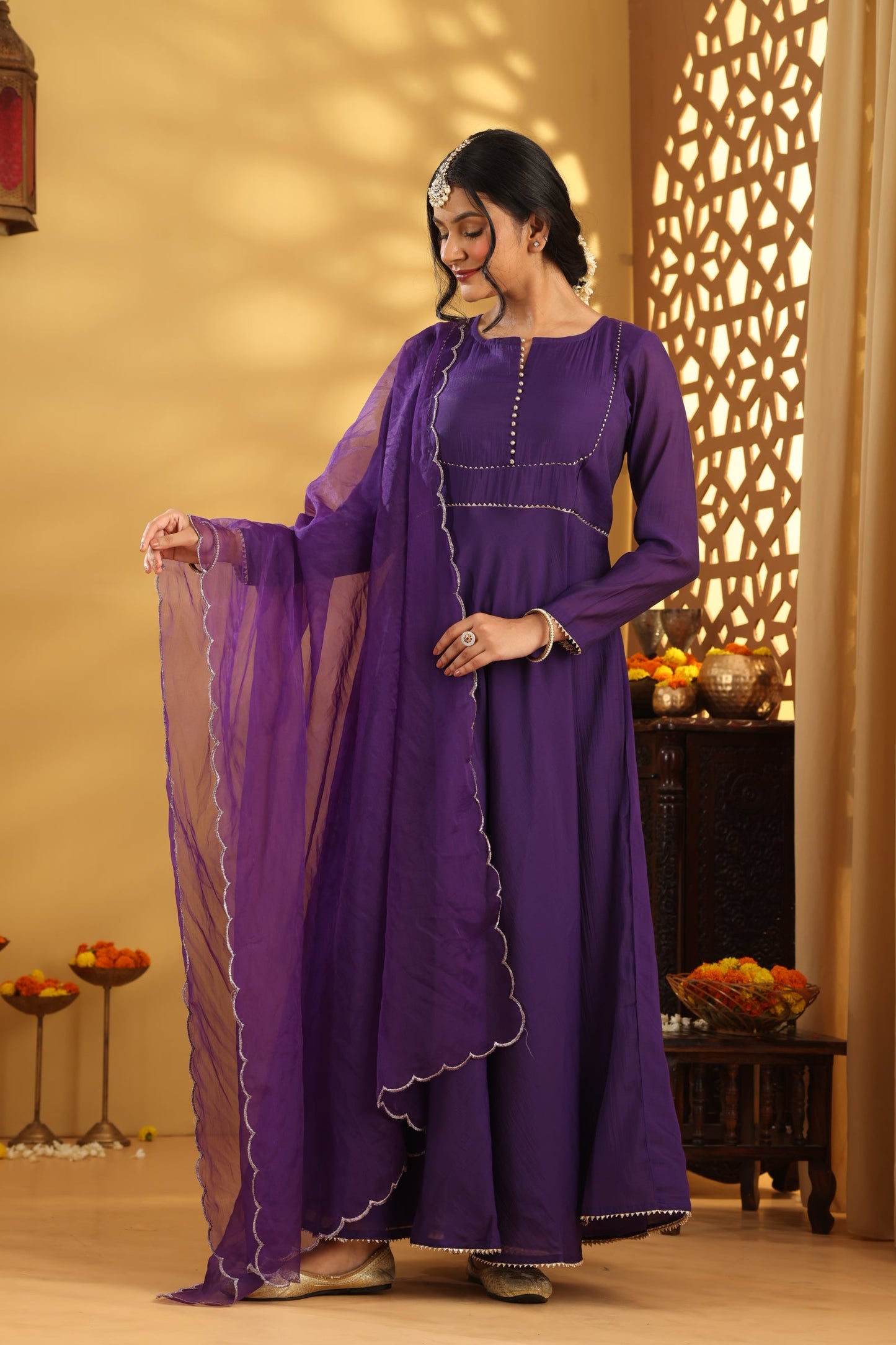 Jashn Purple Mul Chanderi Anarkali Set