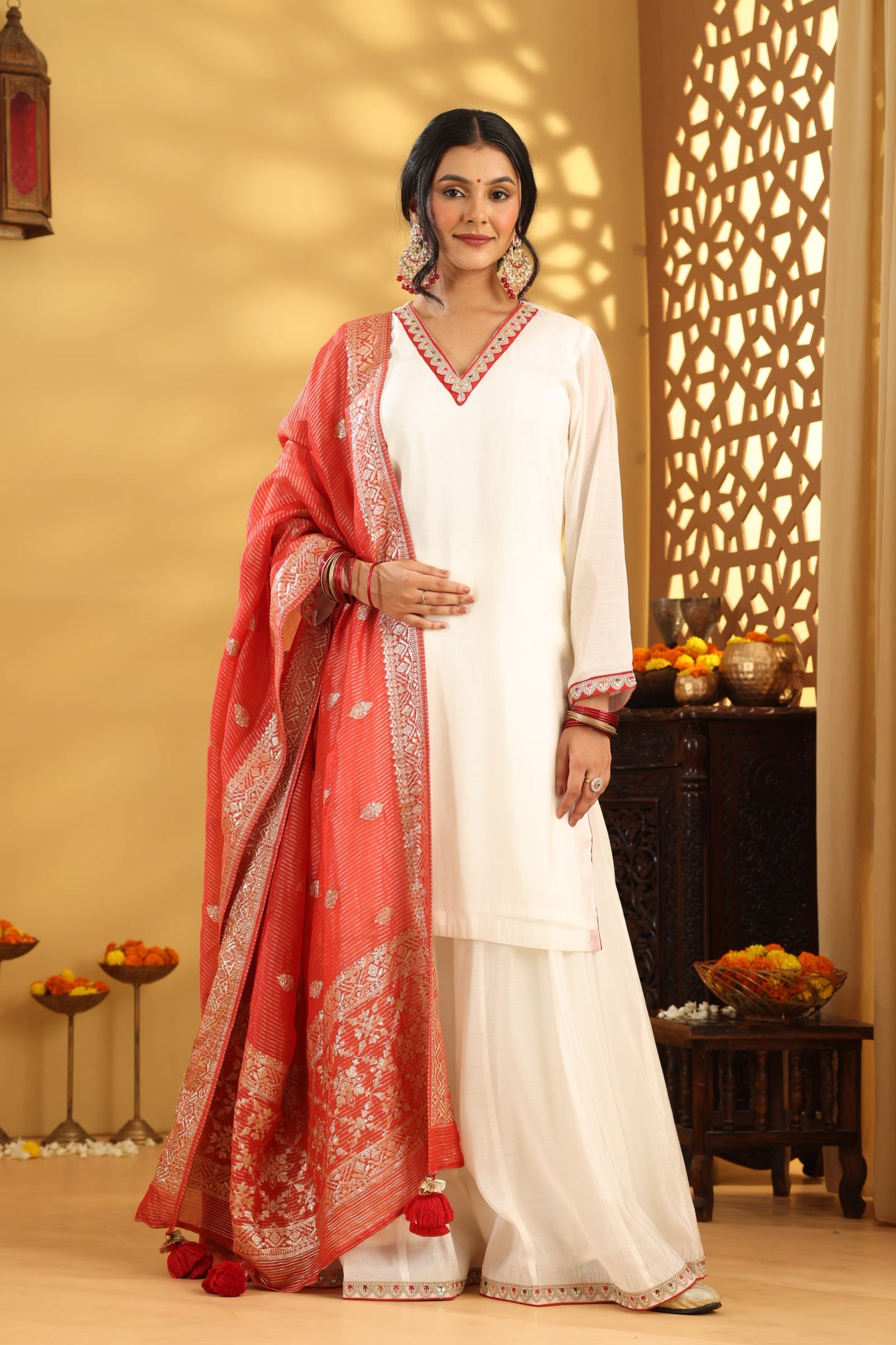 Jashn Ivory Mul chanderi Contrast suit Set