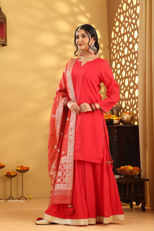 Jashn Caramine Red Mul Chanderi Skirt Set