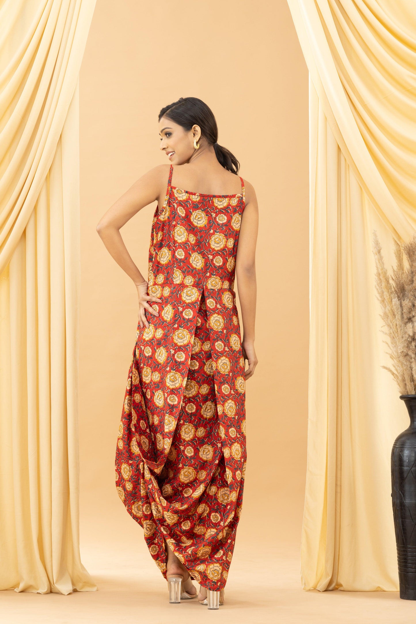 Aseel Red Kalamkari Cotton Cowl Dress