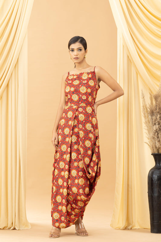 Aseel Red Kalamkari Cotton Cowl Dress