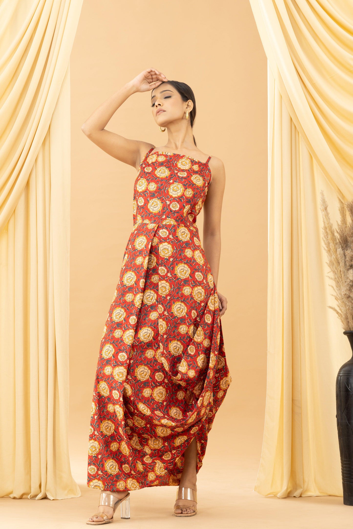 Aseel Red Kalamkari Cotton Cowl Dress