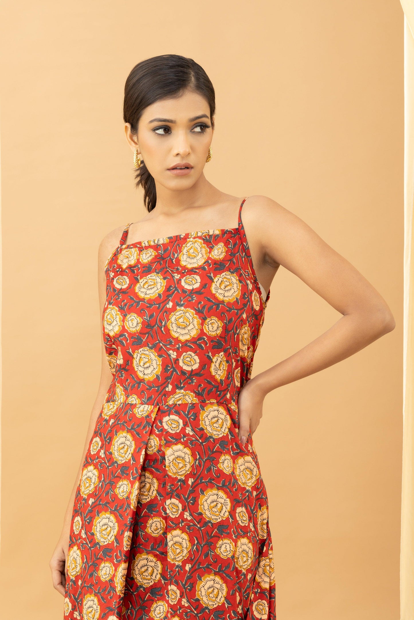 Aseel Red Kalamkari Cotton Cowl Dress