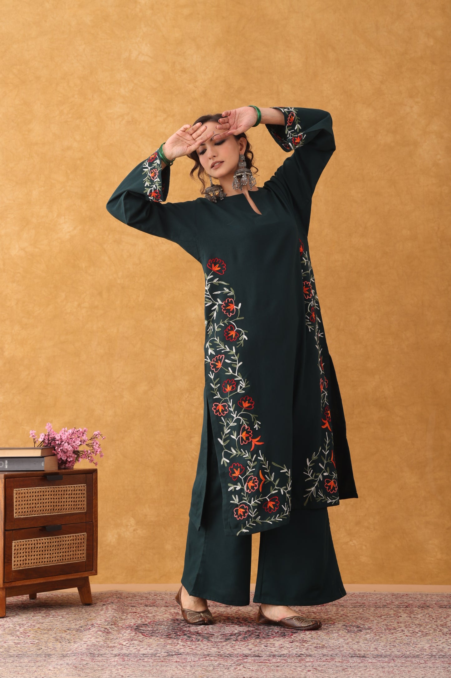 Noor Bottle Green Embroidered Hem Phiran Set