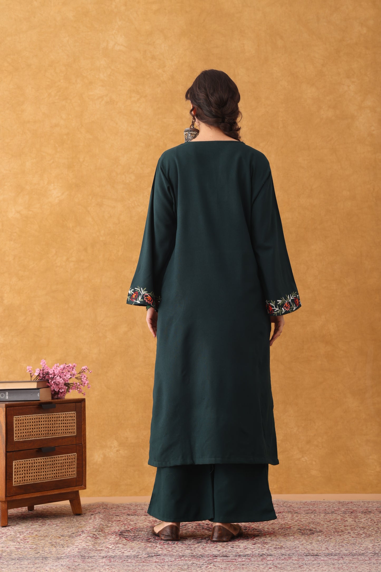 Noor Bottle Green Embroidered Hem Phiran Set