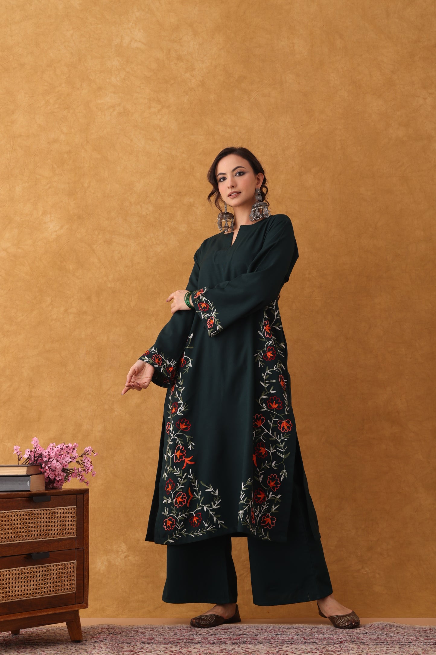 Noor Bottle Green Embroidered Hem Phiran Set