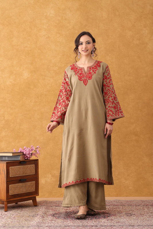 Noor Beige With Red Embroidered Phiran Set