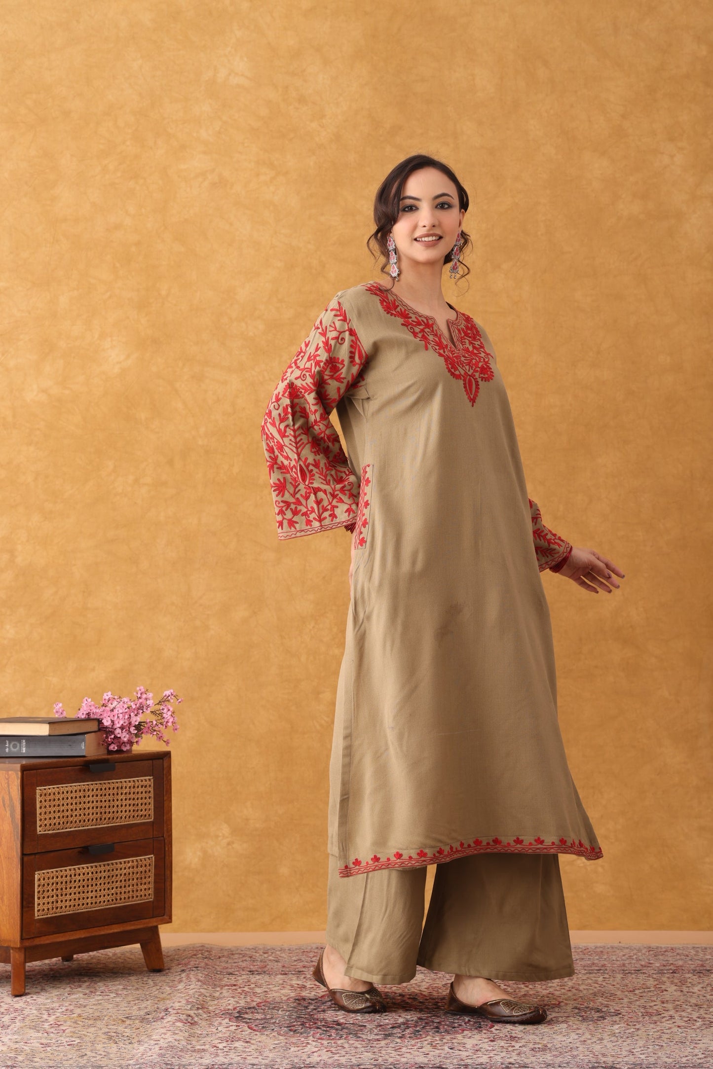 Noor Beige With Red Embroidered Phiran Set