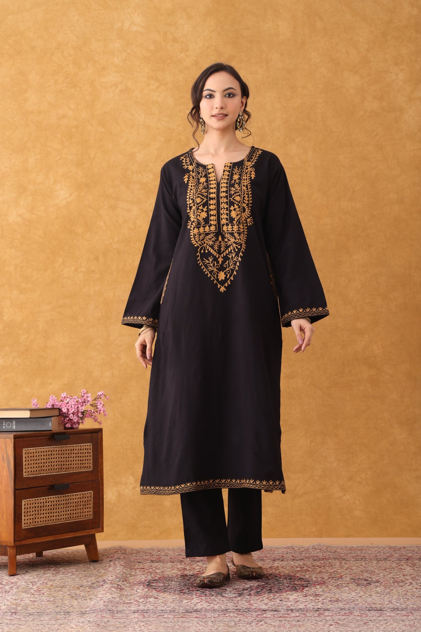 Noor Black Mustard Embroidered Phiran set
