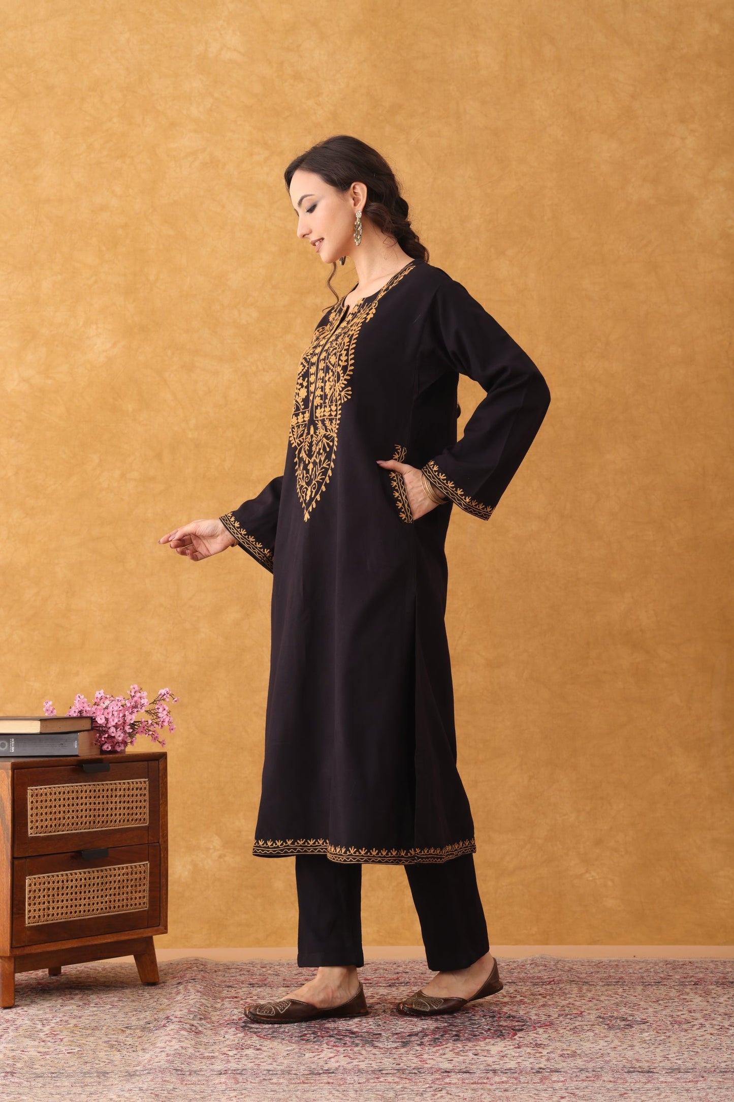 Black Mustard Embroidered Phiran Set, kashmiri black mustard embroidered phiran set, black mustard embroidered phiran set price, phiran dress of kashmir, kashmiri phiran female, phiran kurta set, kashmiri phiran female online, black mustard embroidered phiran set online shopping, black mustard embroidered phiran set online, mustard colour pheran, mustard colour embroidery, mustard yellow embroidered fabric, black embroidered kurta set, black embroidered suit, embroidery on mustard suit, winter suits for wom