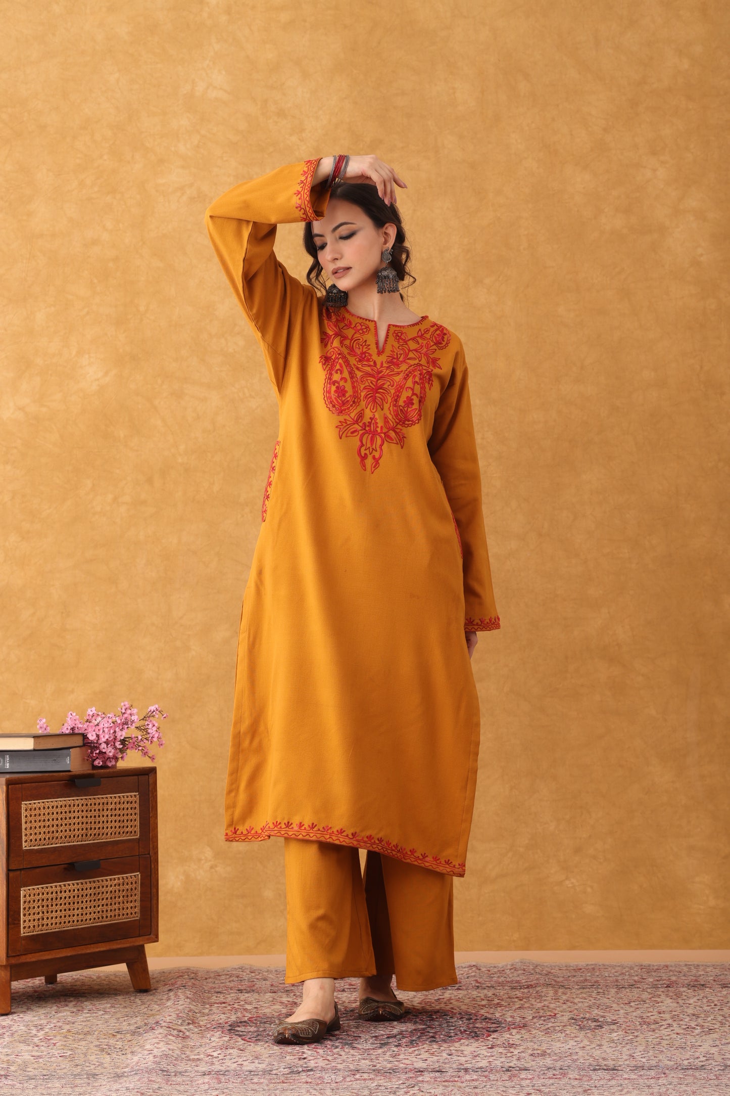 Noor Mustard with Red Embroidered Phiran Set