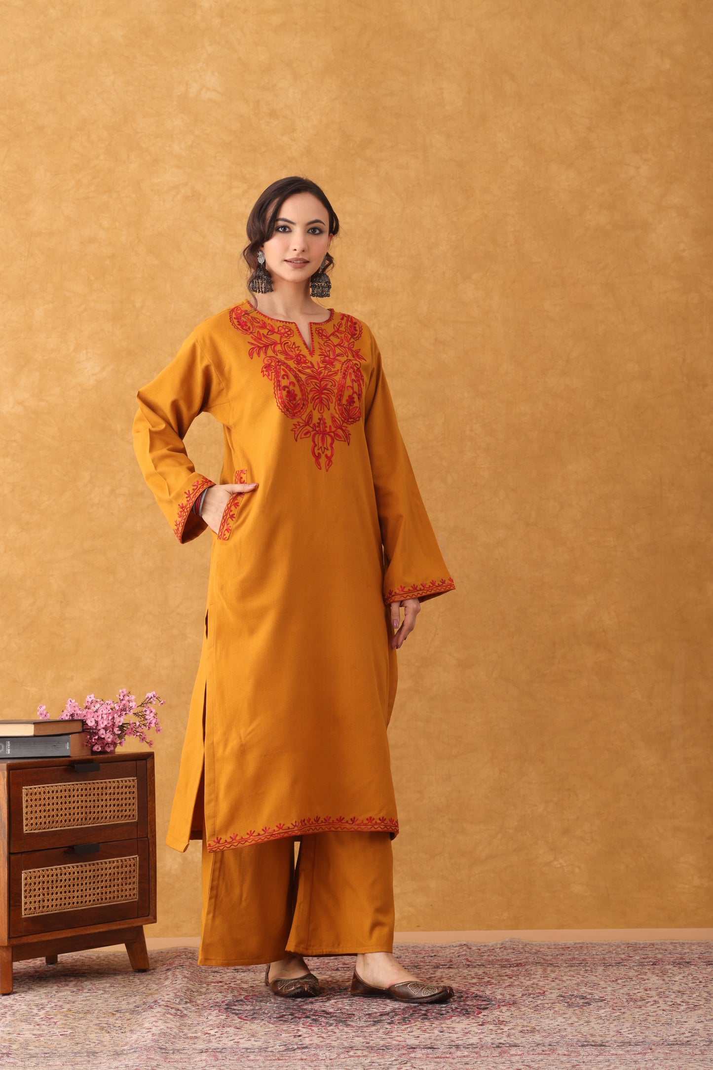 Noor Mustard with Red Embroidered Phiran Set