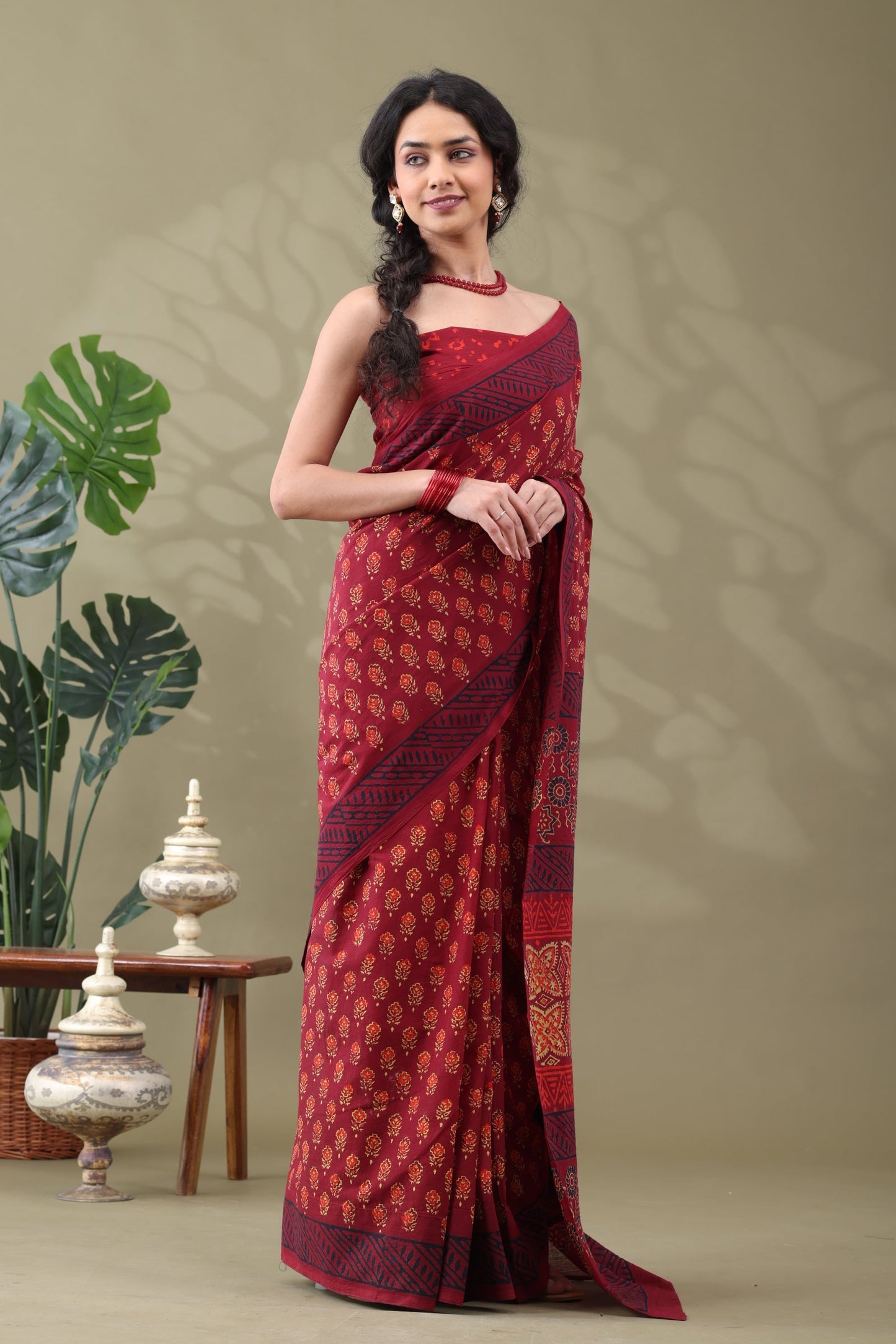 Navya Wine Red Floral Motif Cotton Saree.