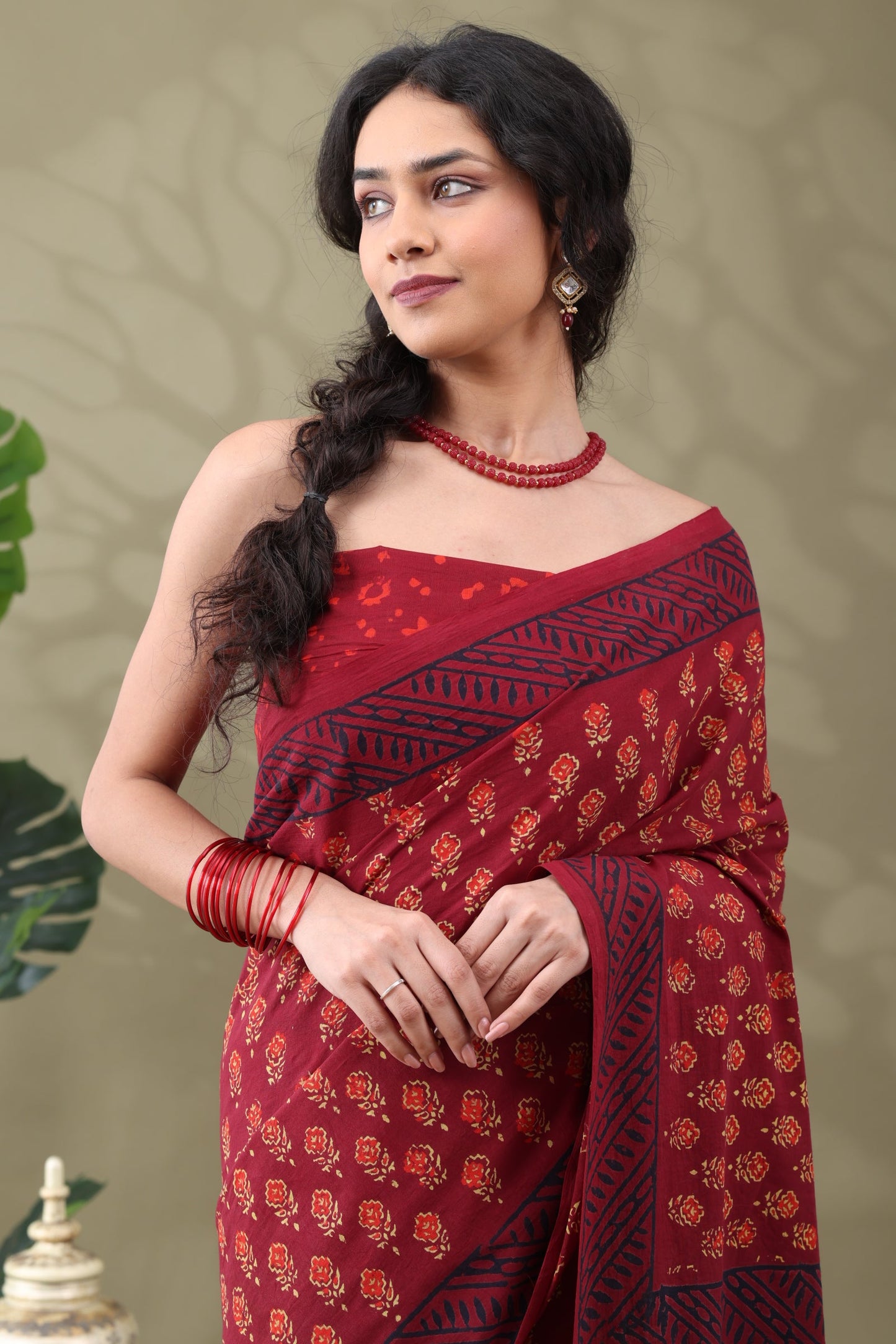 Navya Wine Red Floral Motif Cotton Saree.