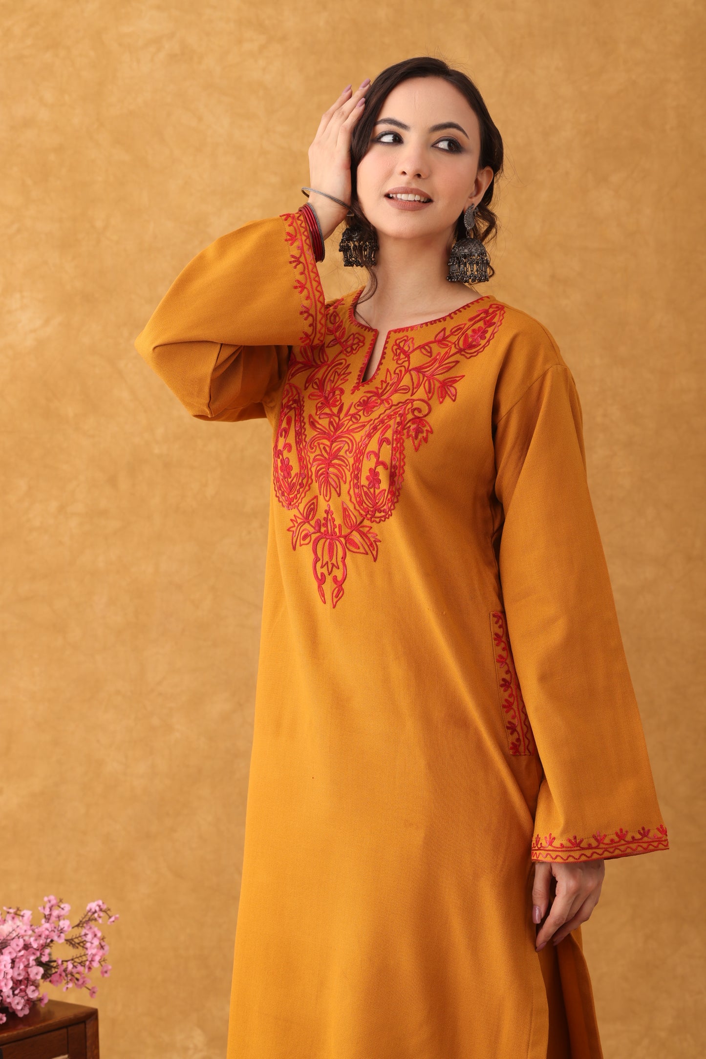 Noor Mustard with Red Embroidered Phiran Set