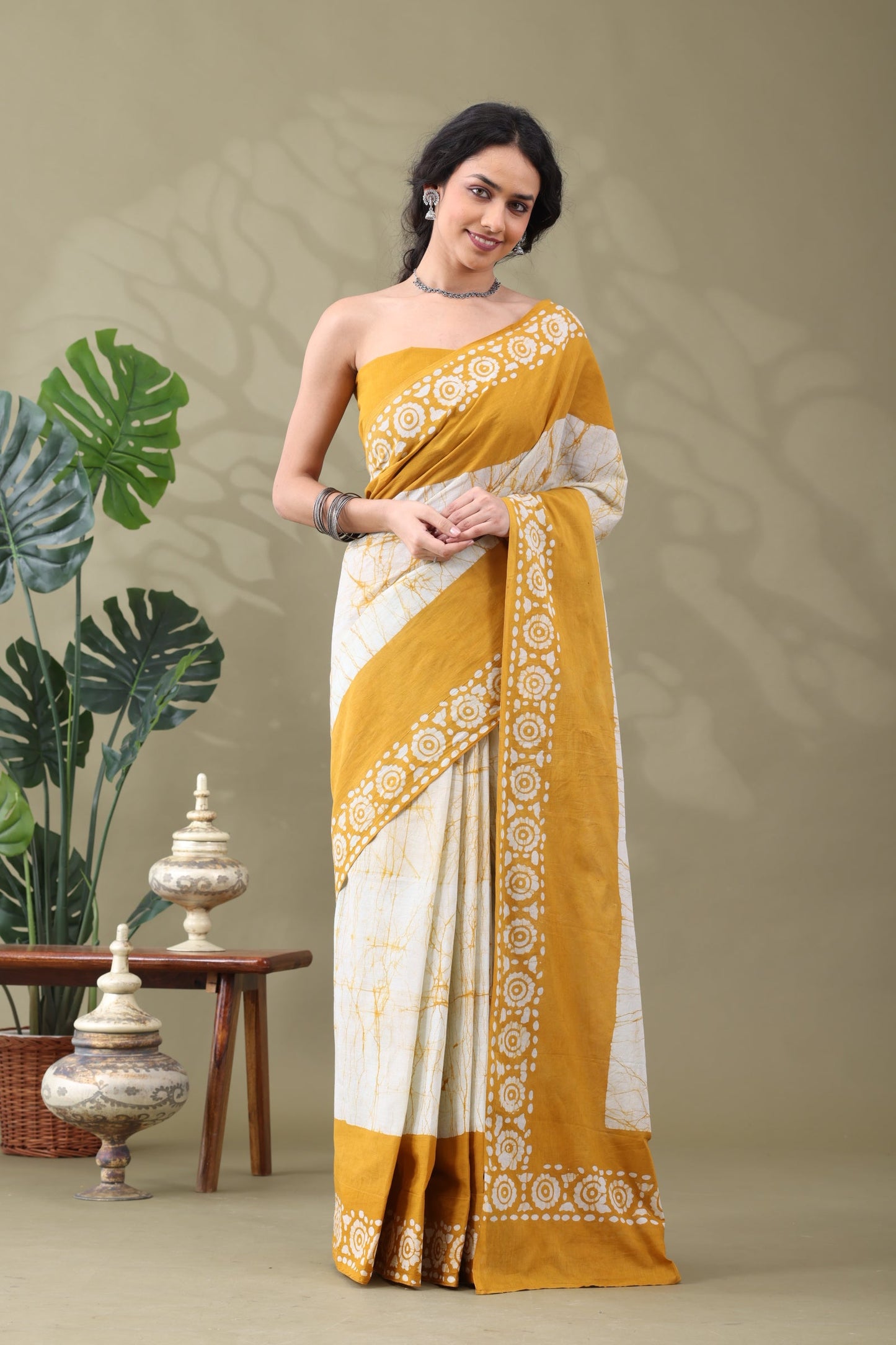 Navya Mustard Cream Batik Cotton Saree.